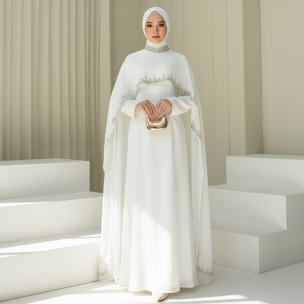 Elegant White Stone Work Cape Abaya Set