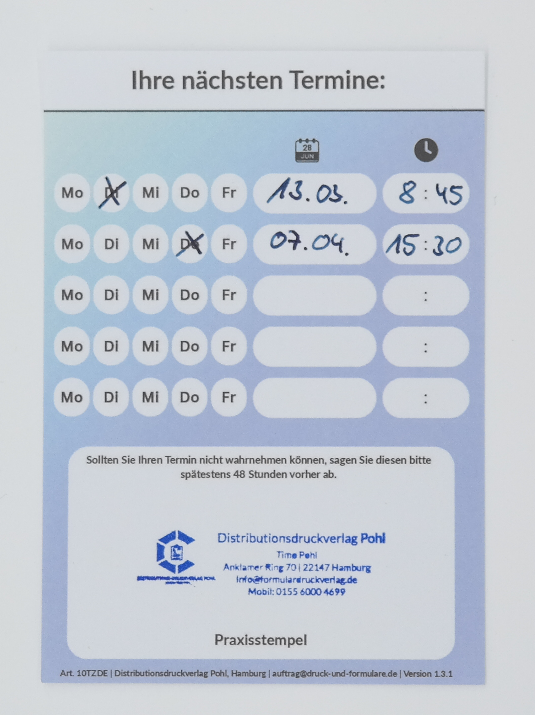 1000 Terminzettel DIN A7, 10 x 100 Stück – 10 Terminblöcke für Ärzte, Praxen, Heilpraktiker