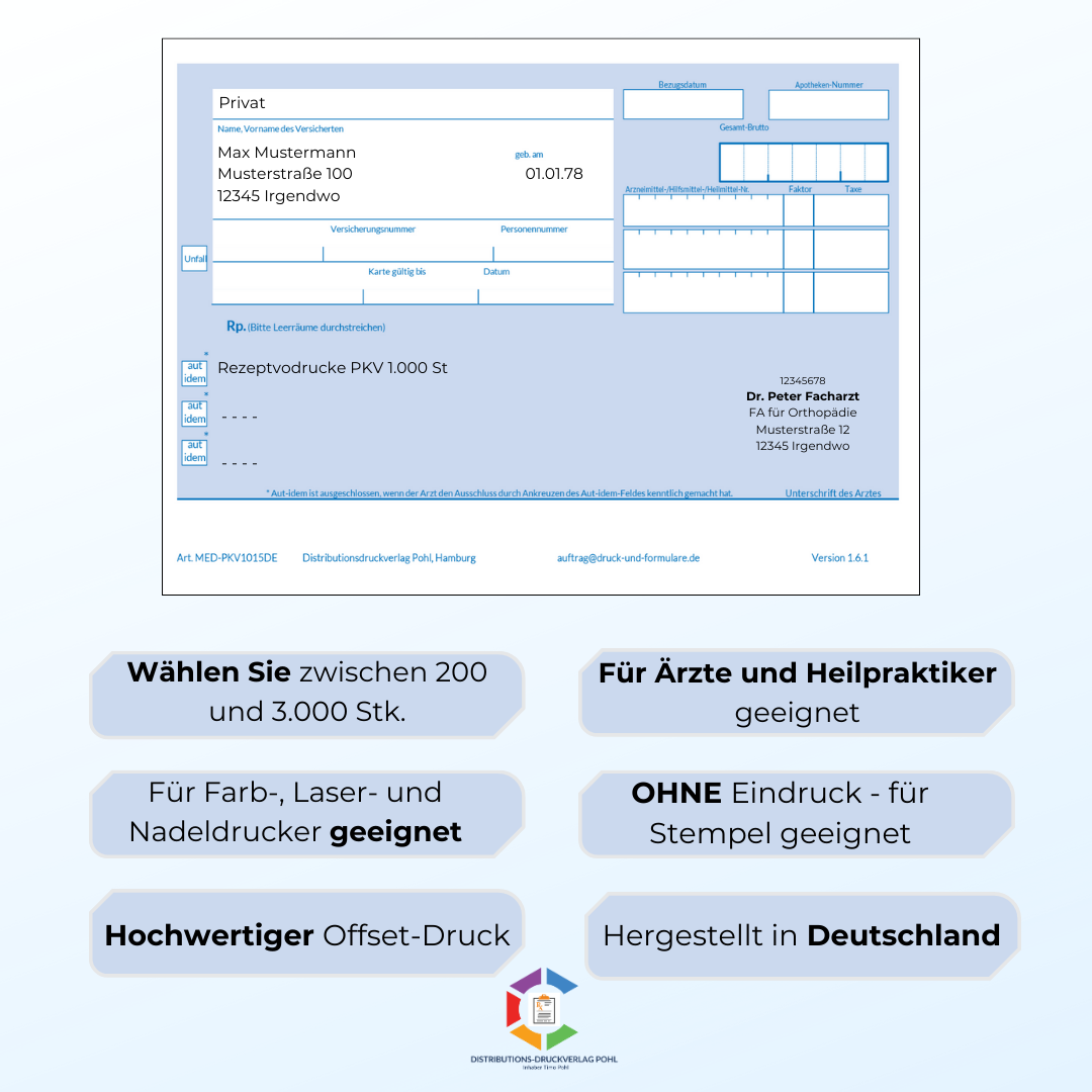 1.500 Stück Privatrezepte Blau DIN A6 – PKV Rezeptformular für Ärzte, Heilpraktiker & Praxen