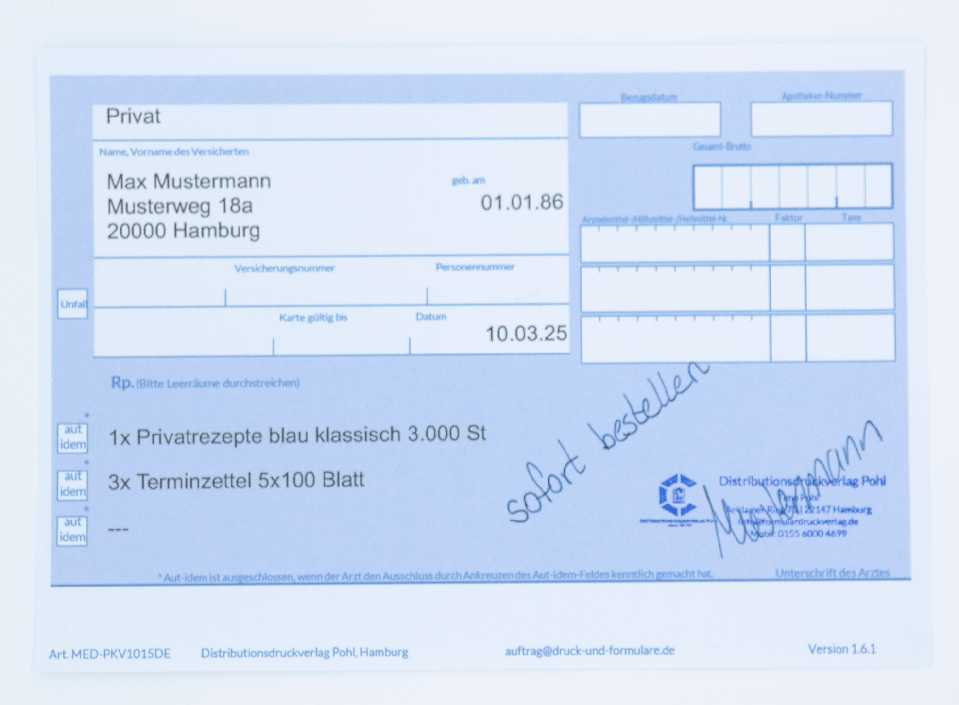 500 Stück Privatrezepte Blau DIN A6 – PKV Rezeptformular für Ärzte, Heilpraktiker & Praxen