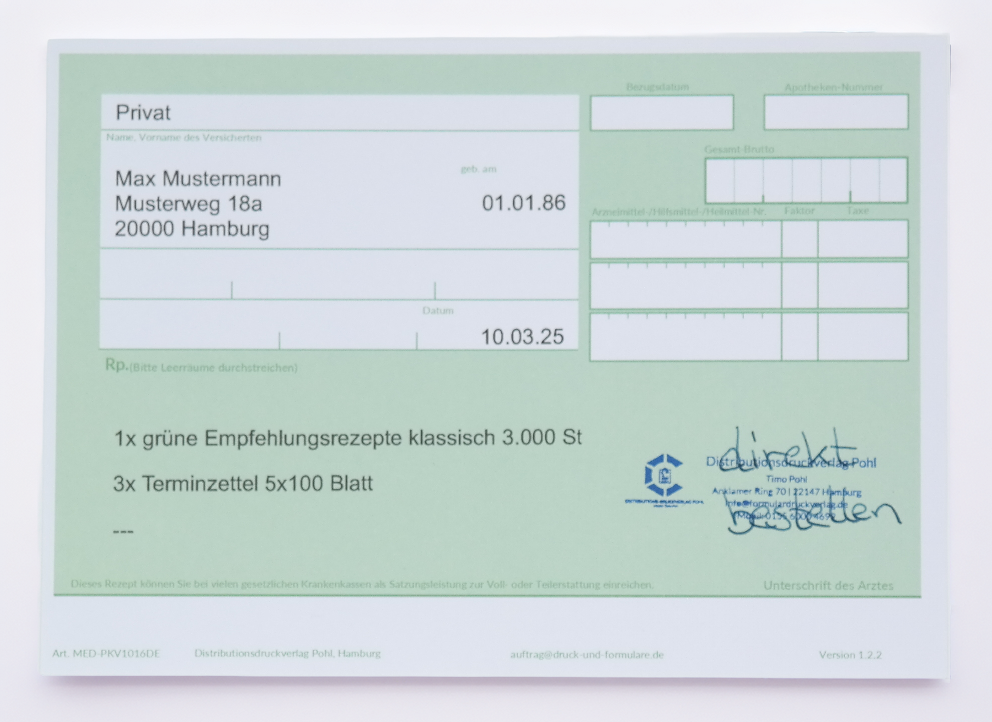 300 Stück Empfehlungsrezept Grün DIN A6 – klassischer Rezeptvordruck für Ärzte, Heilpraktiker & Praxen