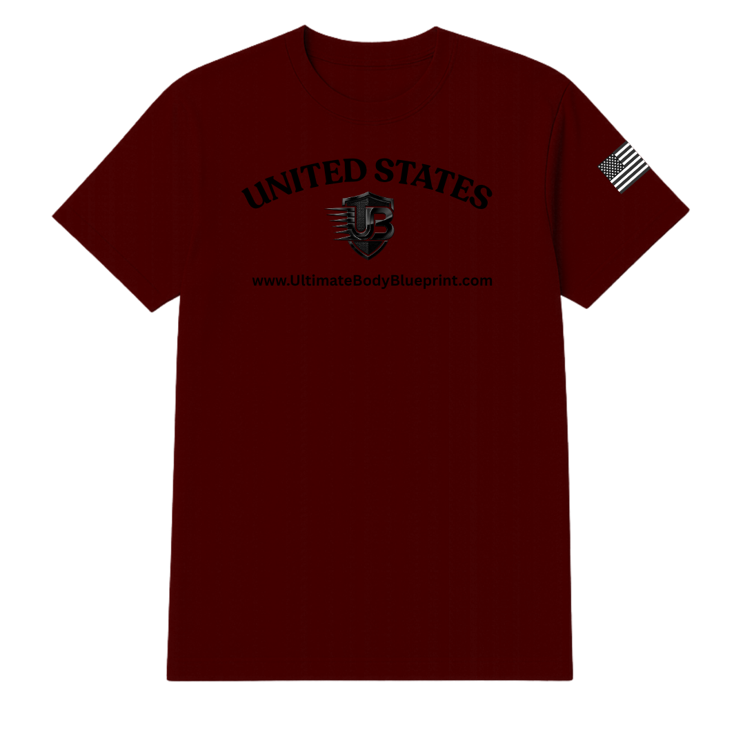 Ultimate Body Blueprint Black Logo Round Neck Tee – Maroon