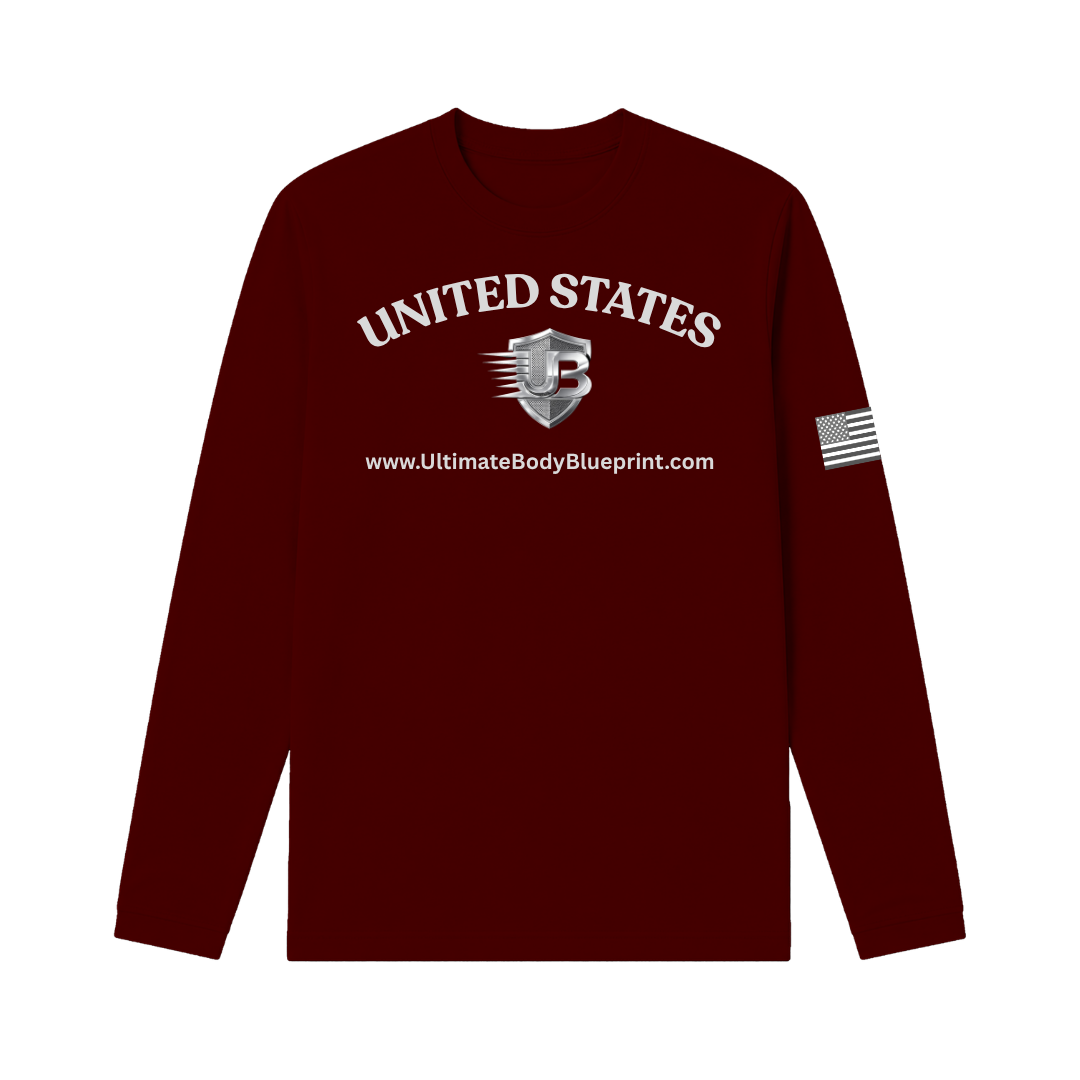 Ultimate Body Blueprint Silver Logo Long Sleeve Tee – Maroon