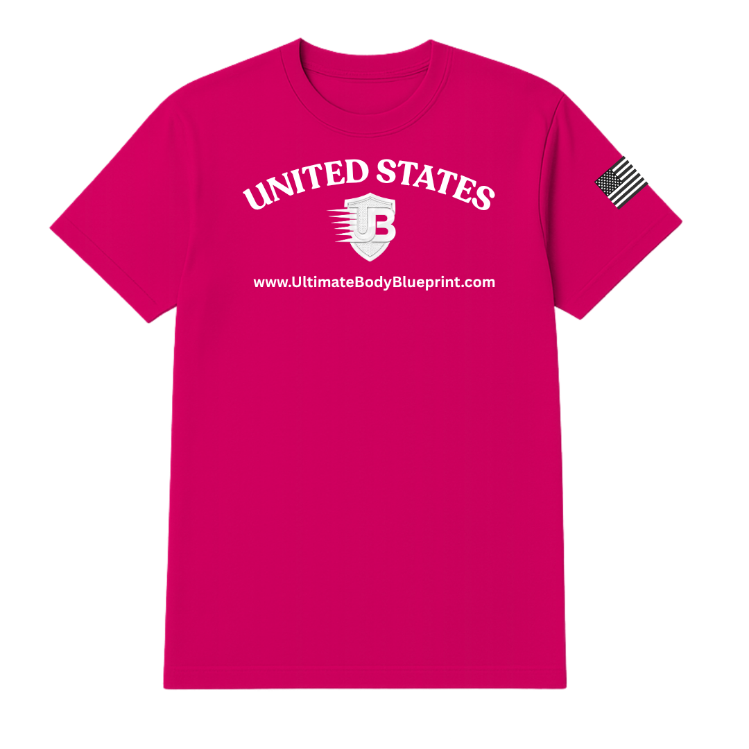 Ultimate Body Blueprint White Logo Round Neck Tee – Shocking Pink