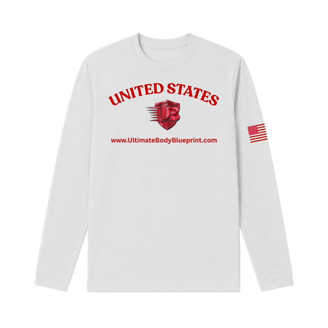 Ultimate Body Blueprint Red Logo Long Sleeve Tee – White