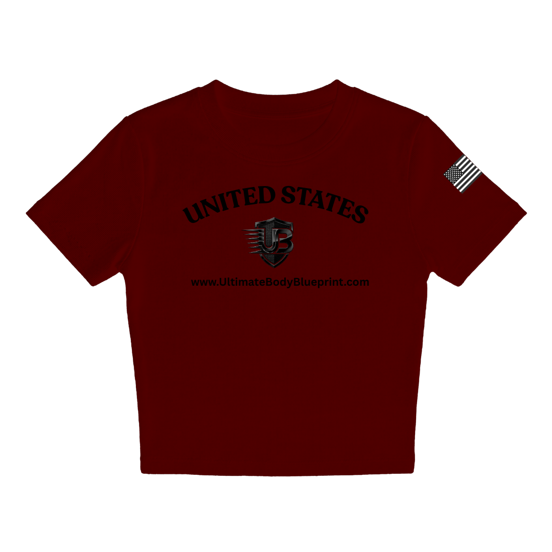 Ultimate Body Blueprint Women’s Black Logo Baby Doll Tee – Maroon