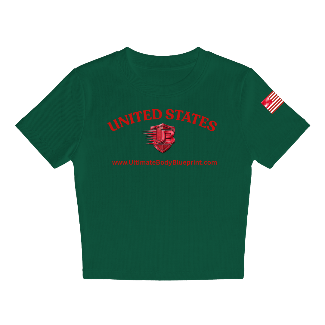 Ultimate Body Blueprint Women’s Red Logo Baby Doll Tee – Dark Green