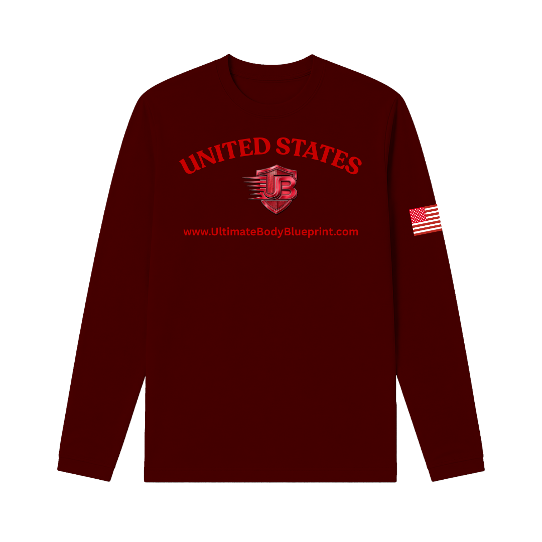 Ultimate Body Blueprint Red Logo Long Sleeve Tee – Maroon