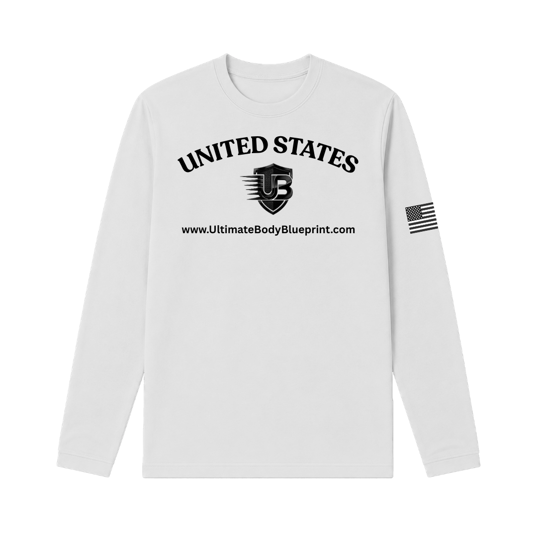Ultimate Body Blueprint Black Logo Long Sleeve Tee – White