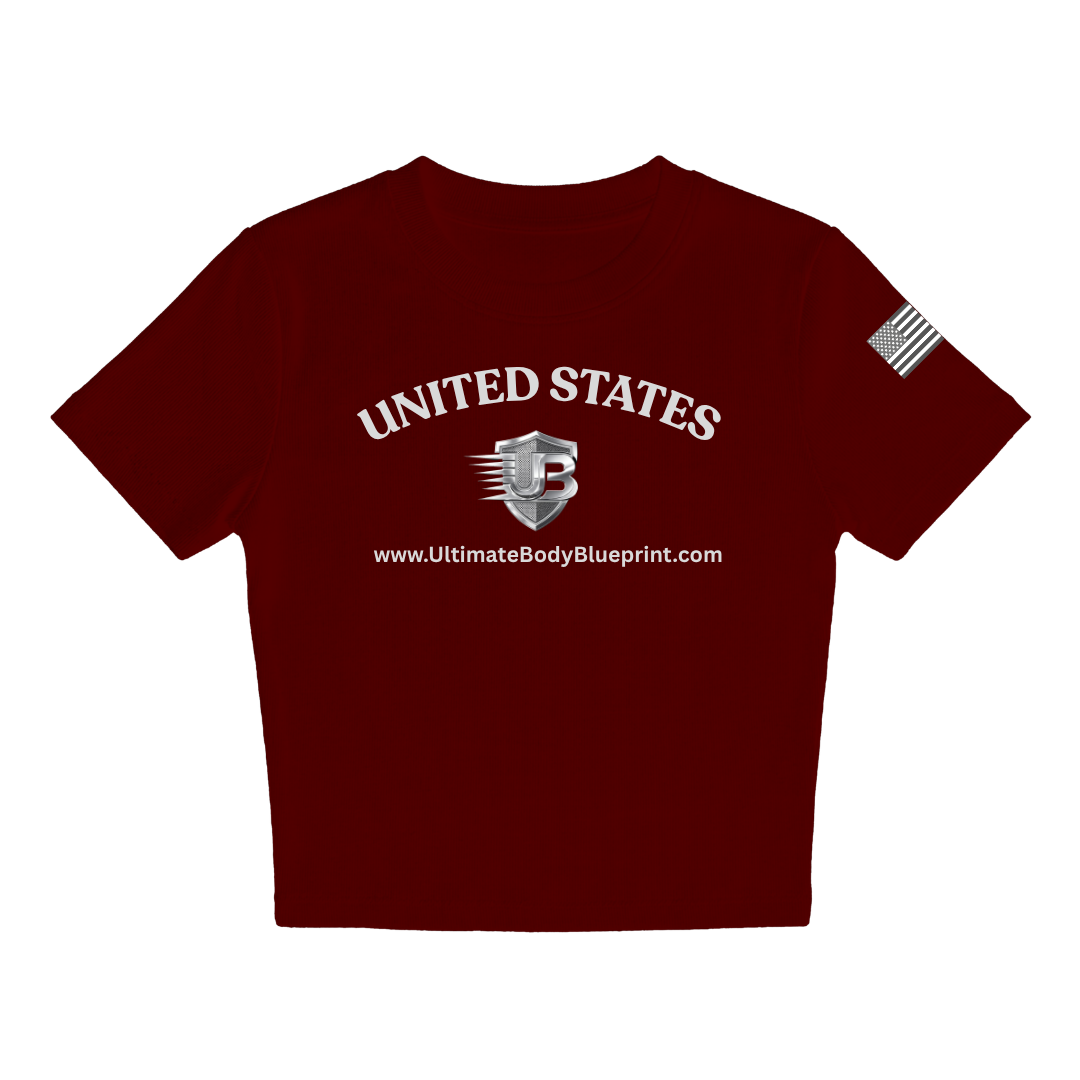 Ultimate Body Blueprint Women’s Silver Logo Baby Doll Tee – Maroon