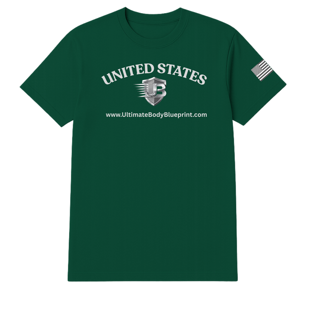 Ultimate Body Blueprint Silver Logo Round Neck Tee – Dark Green