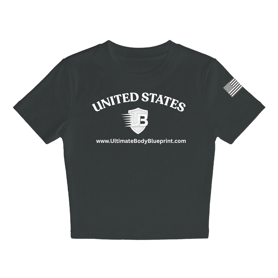 Ultimate Body Blueprint Women’s White Logo Baby Doll Tee – Charcoal Grey