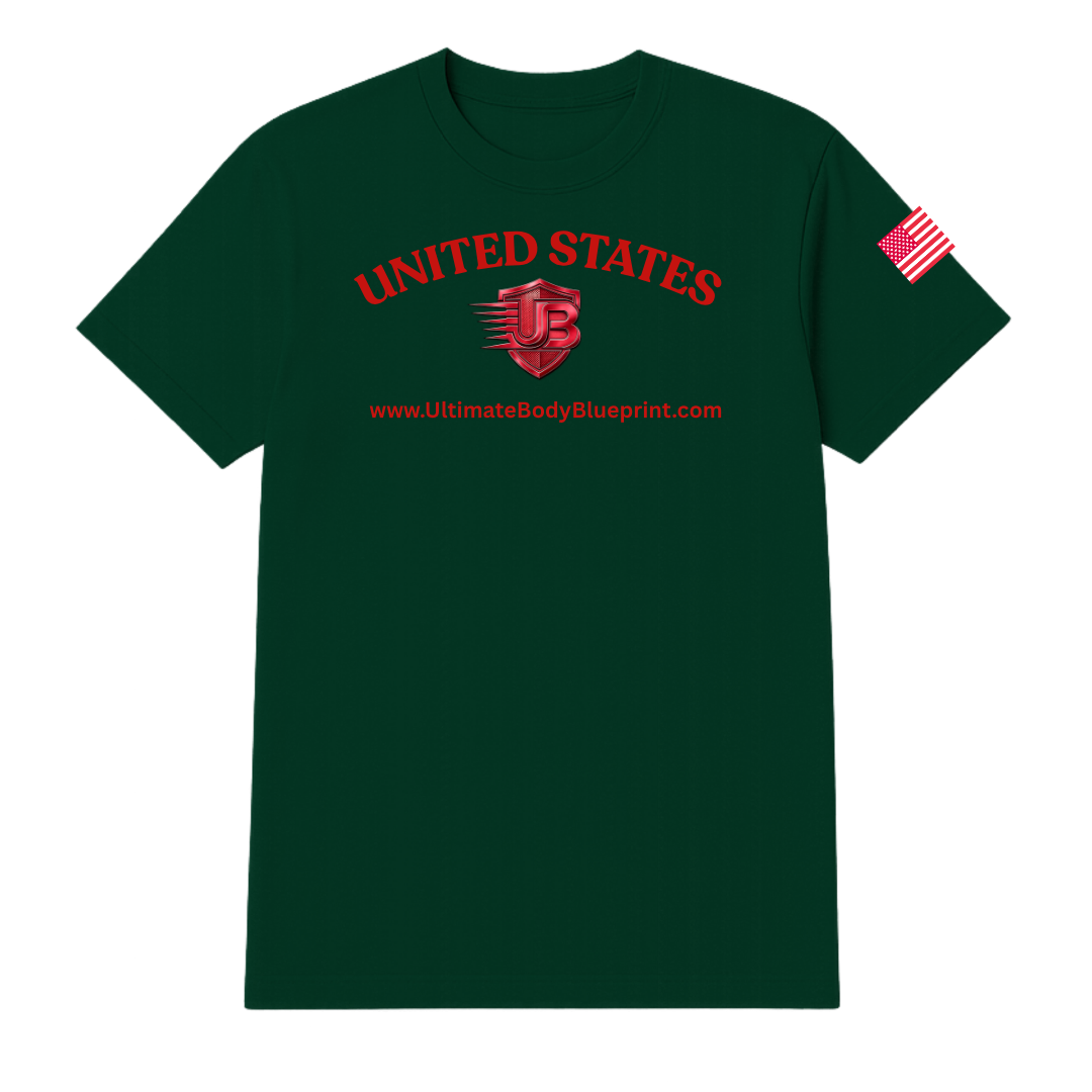 Ultimate Body Blueprint Red Logo Round Neck Tee – Dark Green