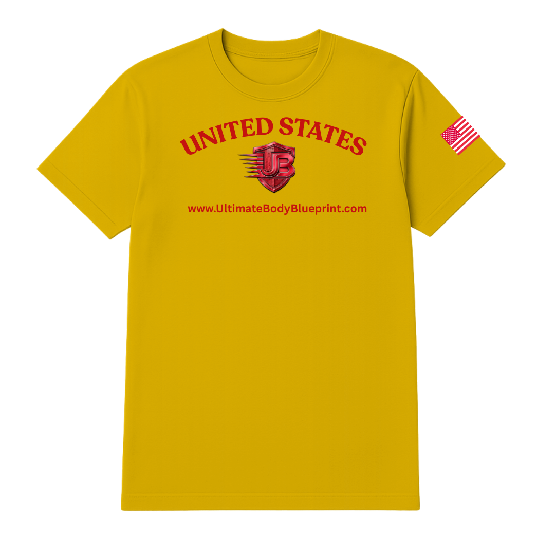 Ultimate Body Blueprint Red Logo Round Neck Tee – Yellow