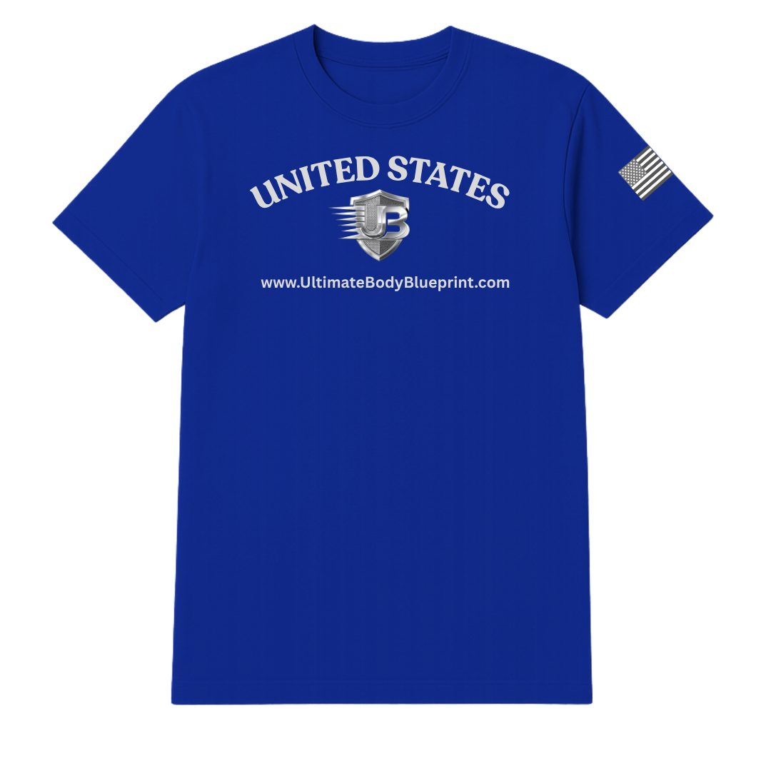 Ultimate Body Blueprint Silver Logo Round Neck Tee – Navy Blue
