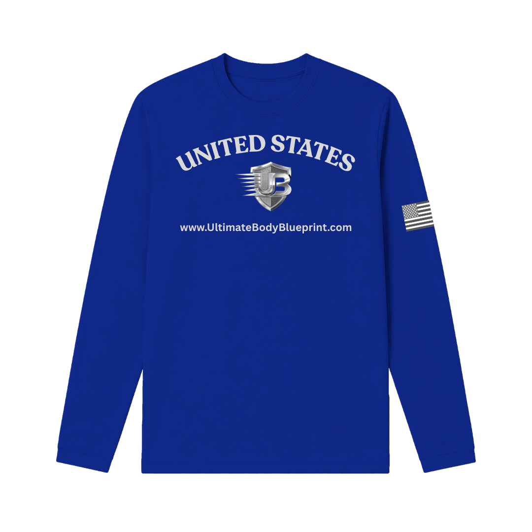 Ultimate Body Blueprint Silver Logo Long Sleeve Tee – Navy Blue