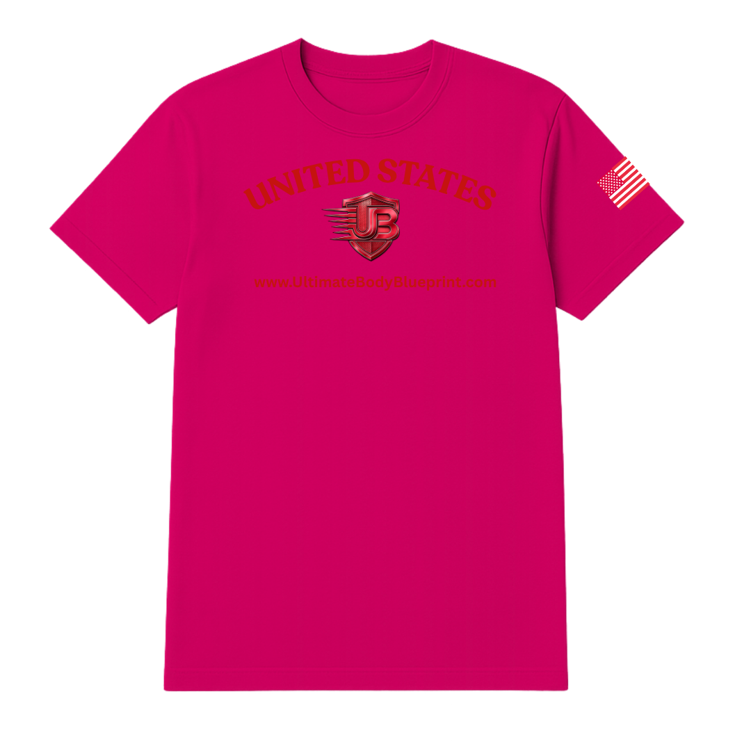 Ultimate Body Blueprint Red Logo Round Neck Tee – Shocking Pink