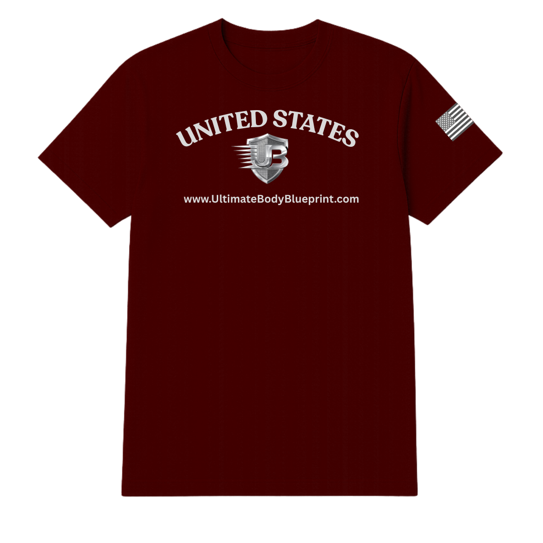 Ultimate Body Blueprint Silver Logo Round Neck Tee – Maroon