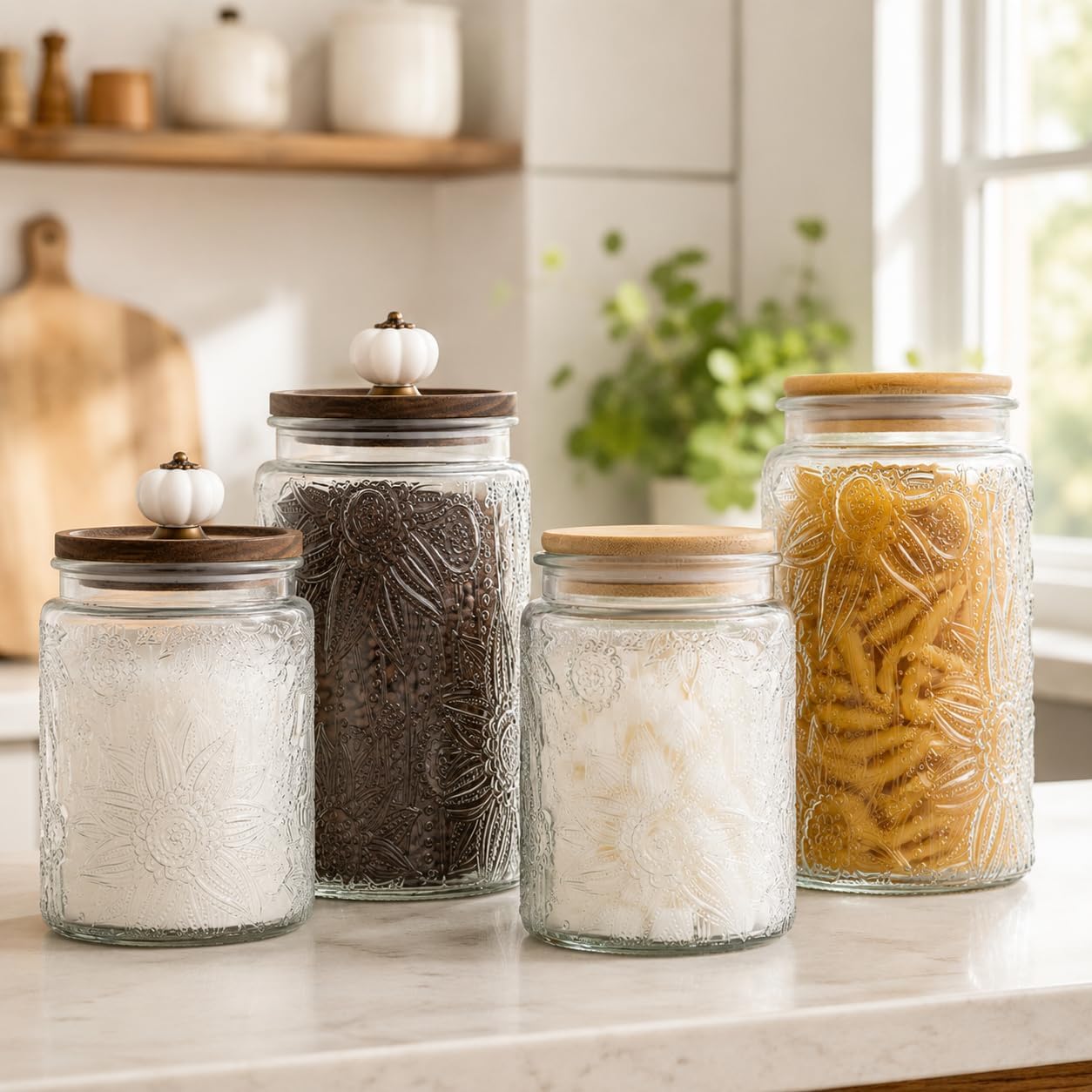 Embossed Glass Storage Jars Set
