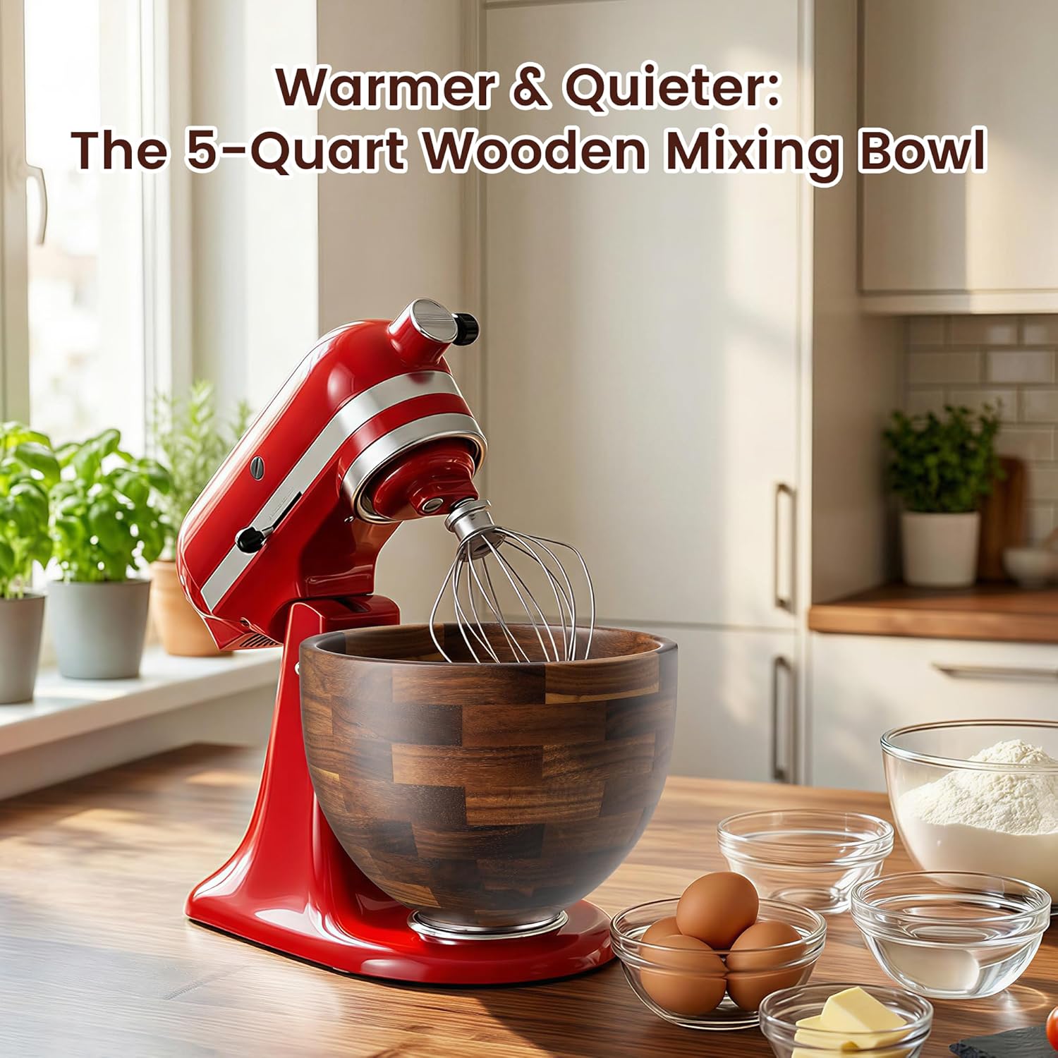 KitchenAid 5 QT Solid Acacia Wood Mixing Bowl for 4.5 & 5 Quart Tilt-Head Stand Mixers with Locking Steel Base