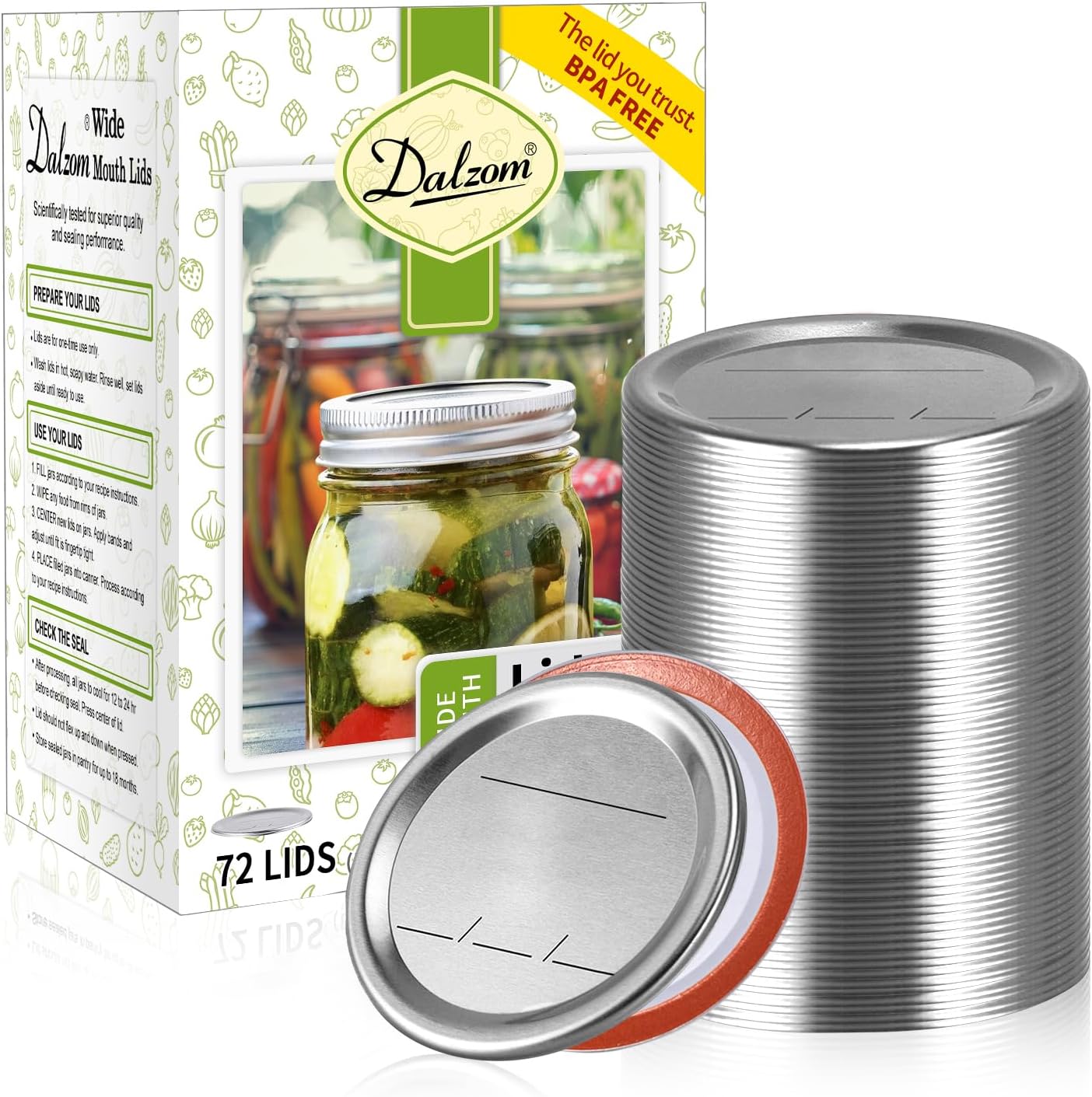 Dalzom Wide Mouth Mason Jar Lids (72 Pack)