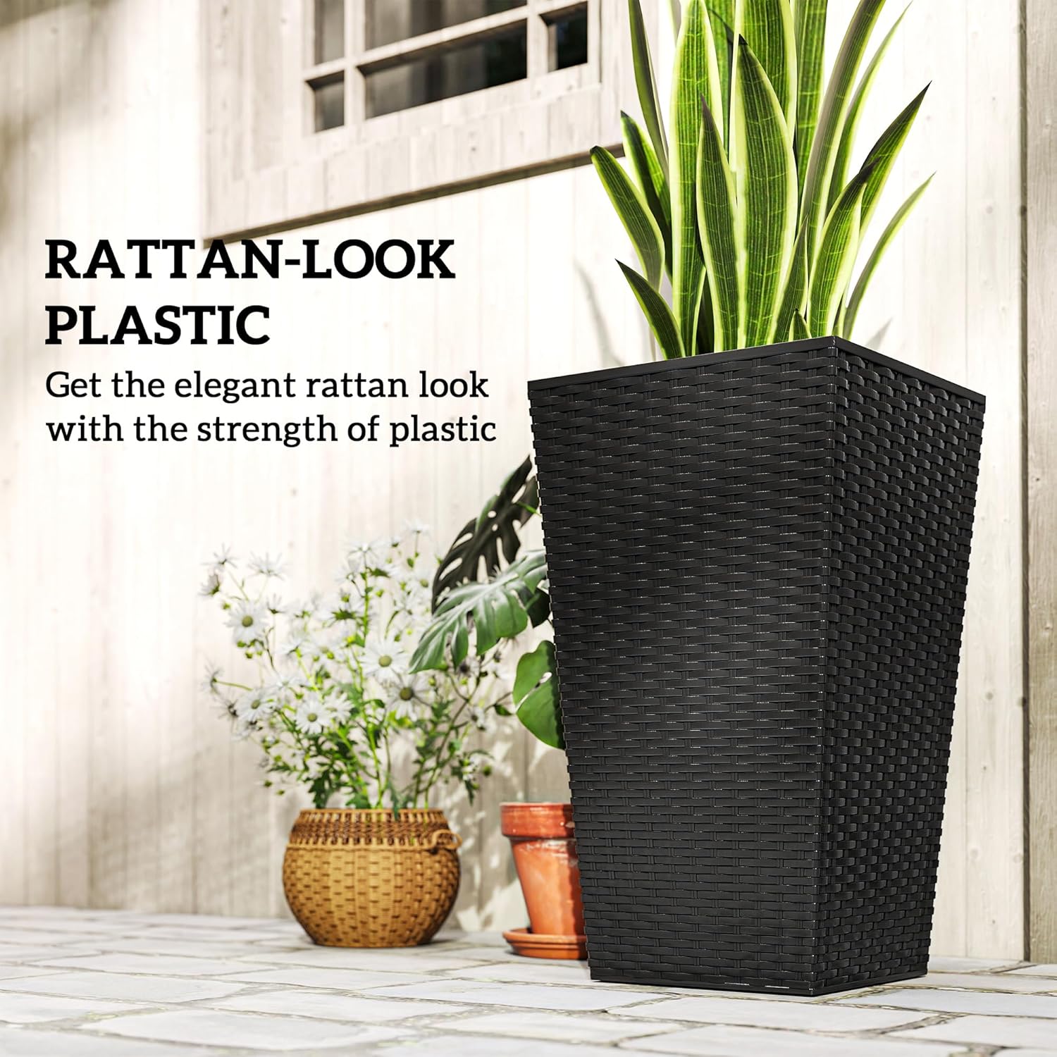 Tall Black Wicker Planter Set 3