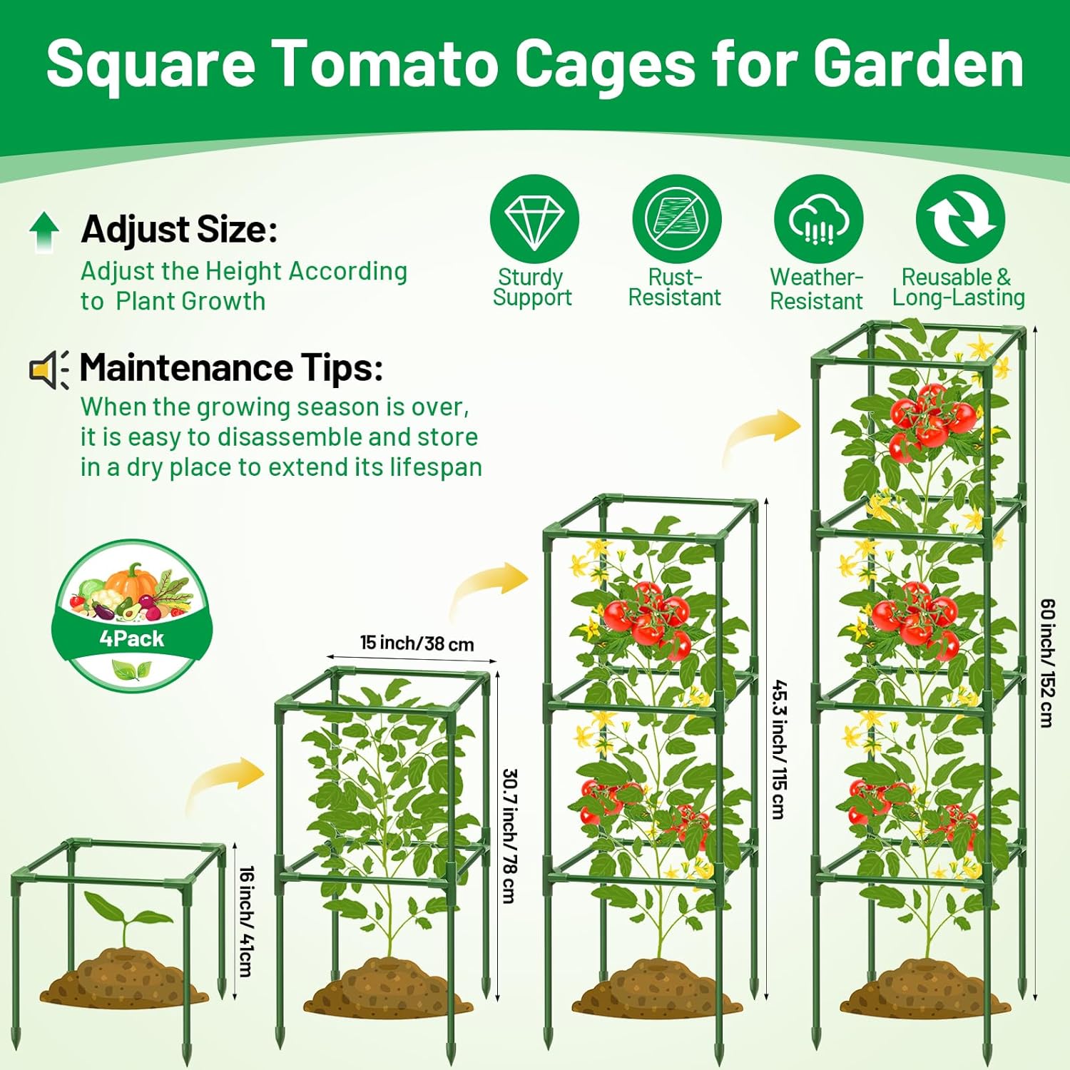 Square Tomato Cage Plant Support - 4 Pack