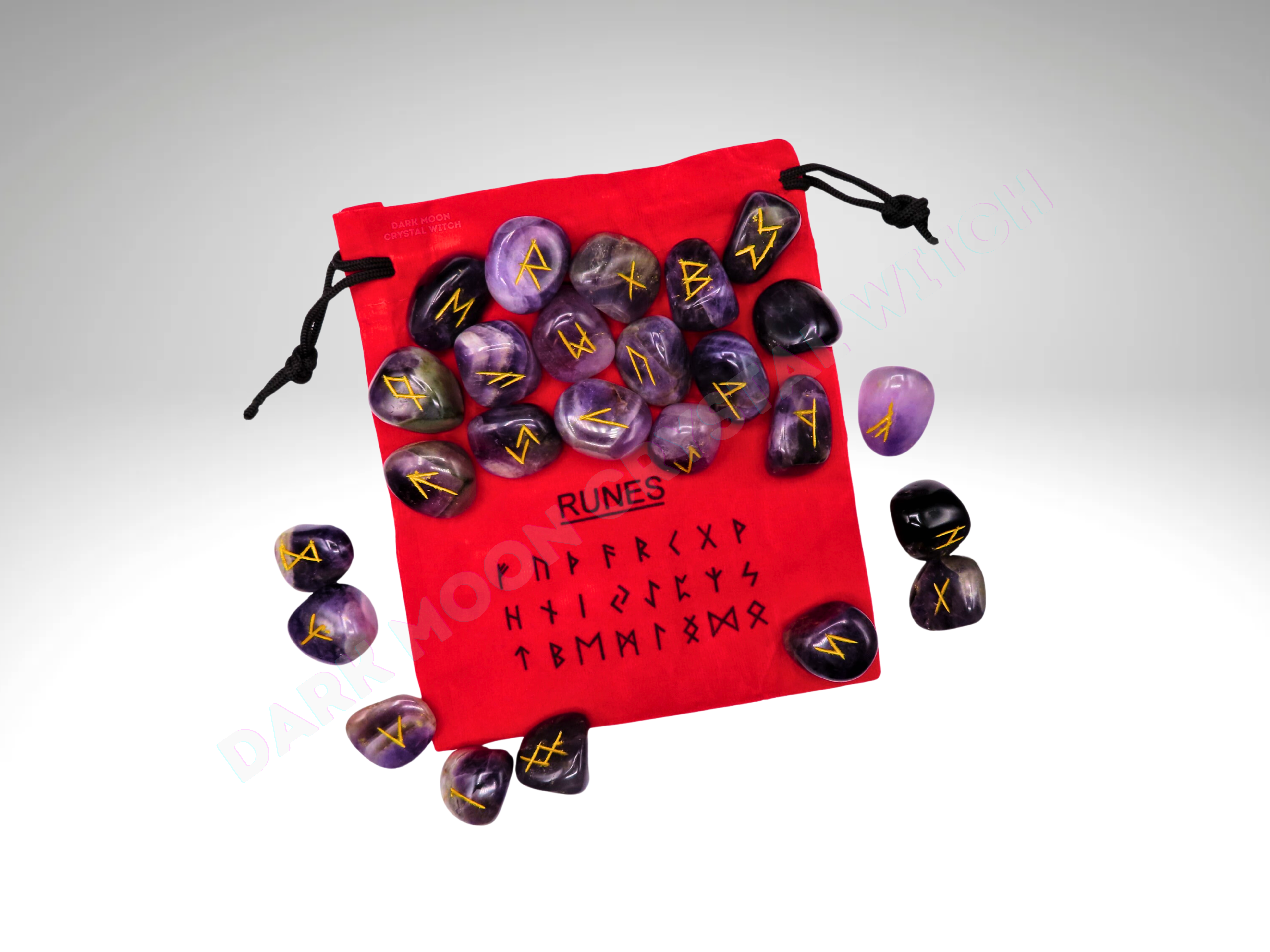 Amethyst Crystal Rune Set w/ Red Velvet Bag