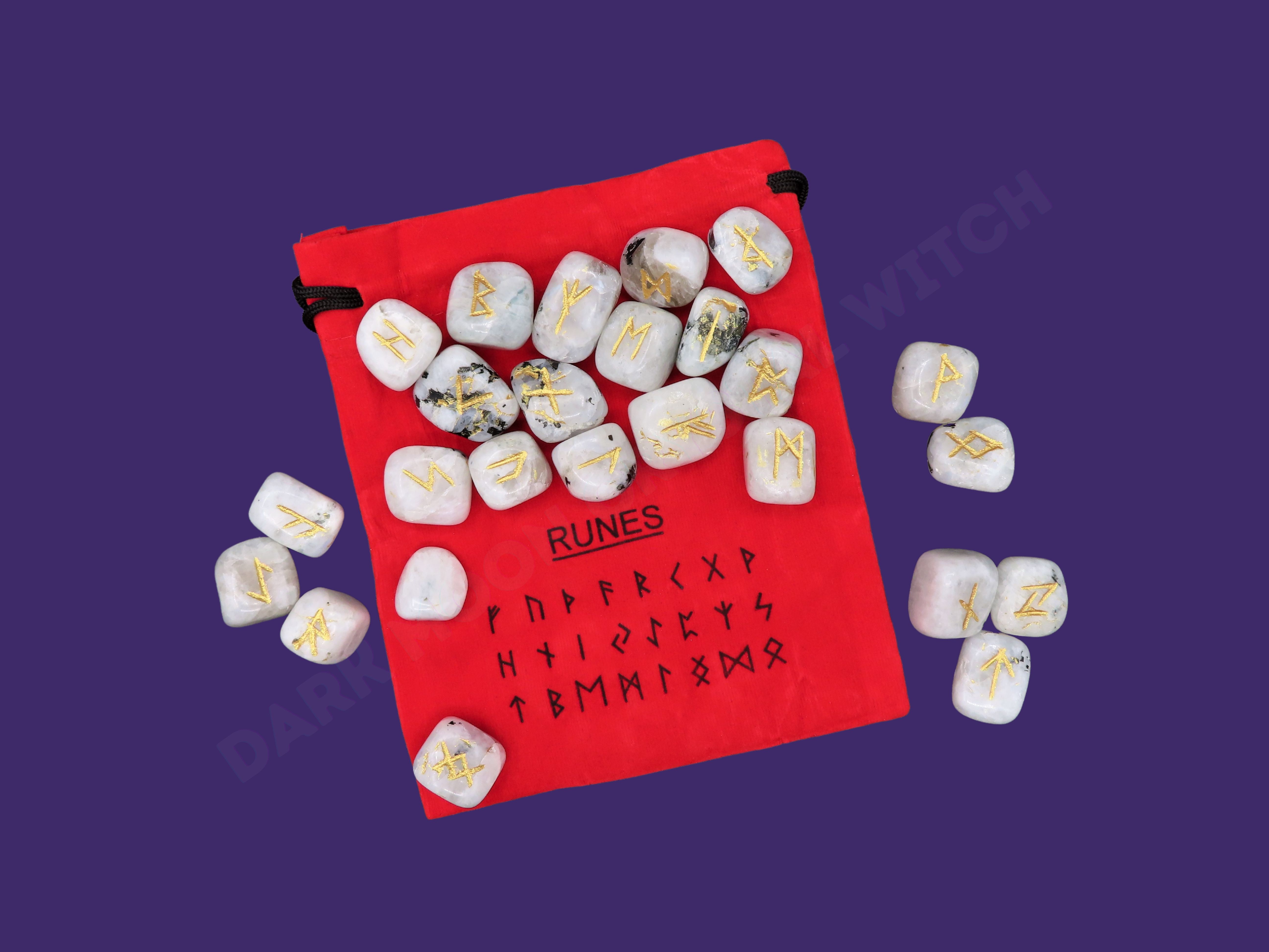 Rainbow Moonstone Rune Set w/ Red Velvet Bag
