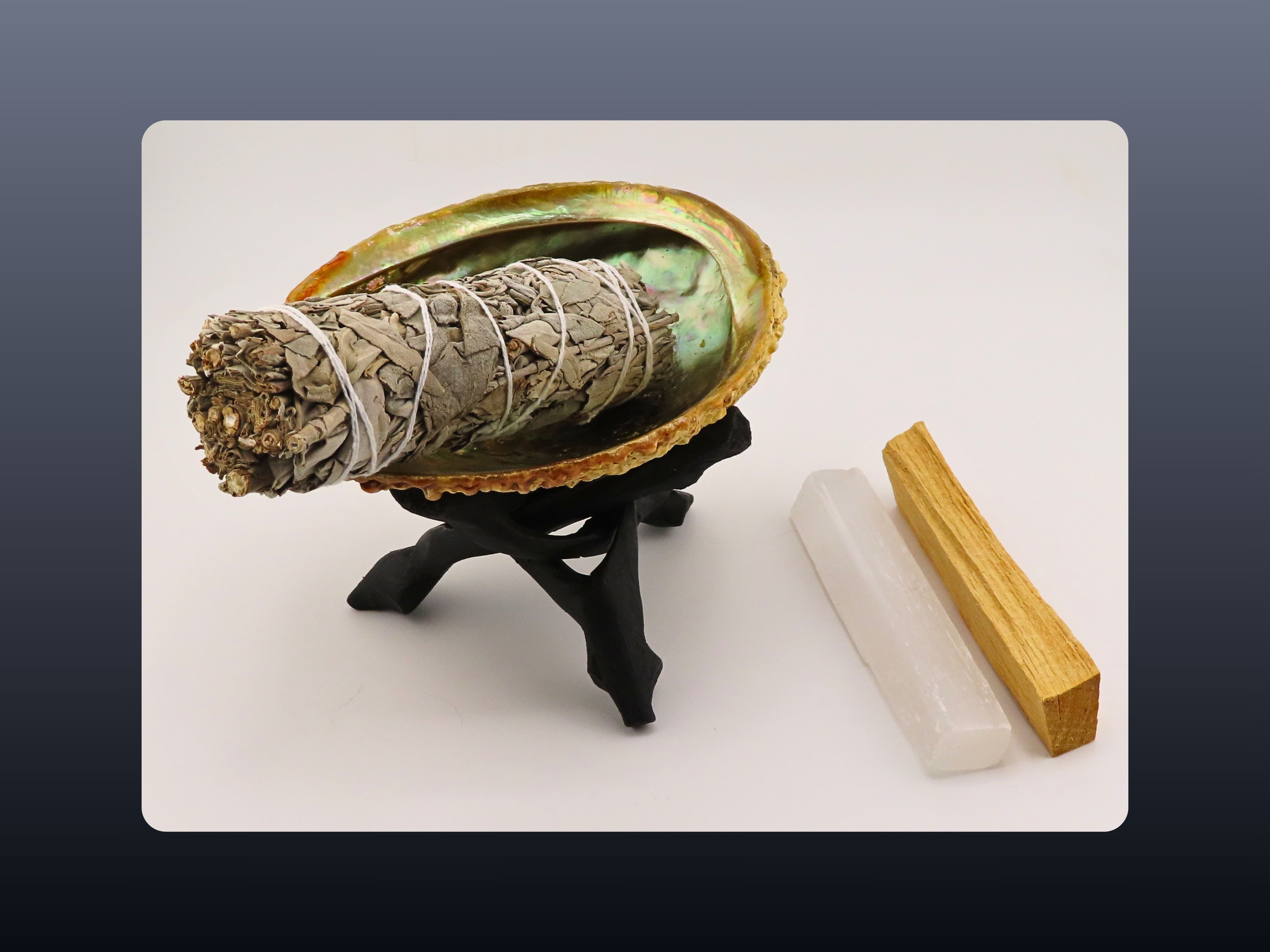 White Sage Smudging Kit (Abalone Shell, White Sage, Palo Santo Stick, Selenite Stick, & Black Wooden Tripod)