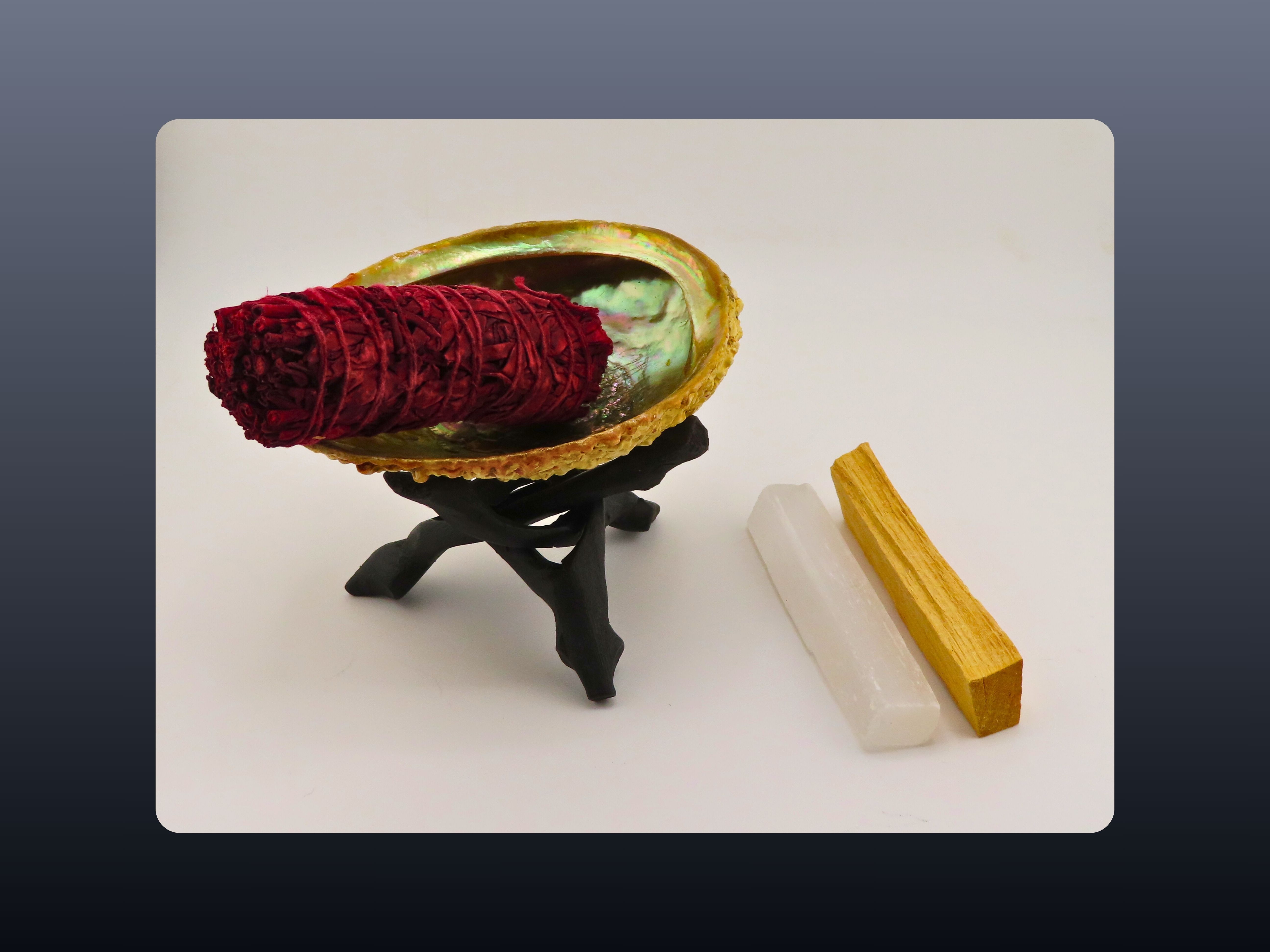 Dragon's Blood Sage Smudging Kit (Abalone Shell, Dragon's Blood Sage, Palo Santo Stick, Selenite Stick, & Black Wooden Tripod)