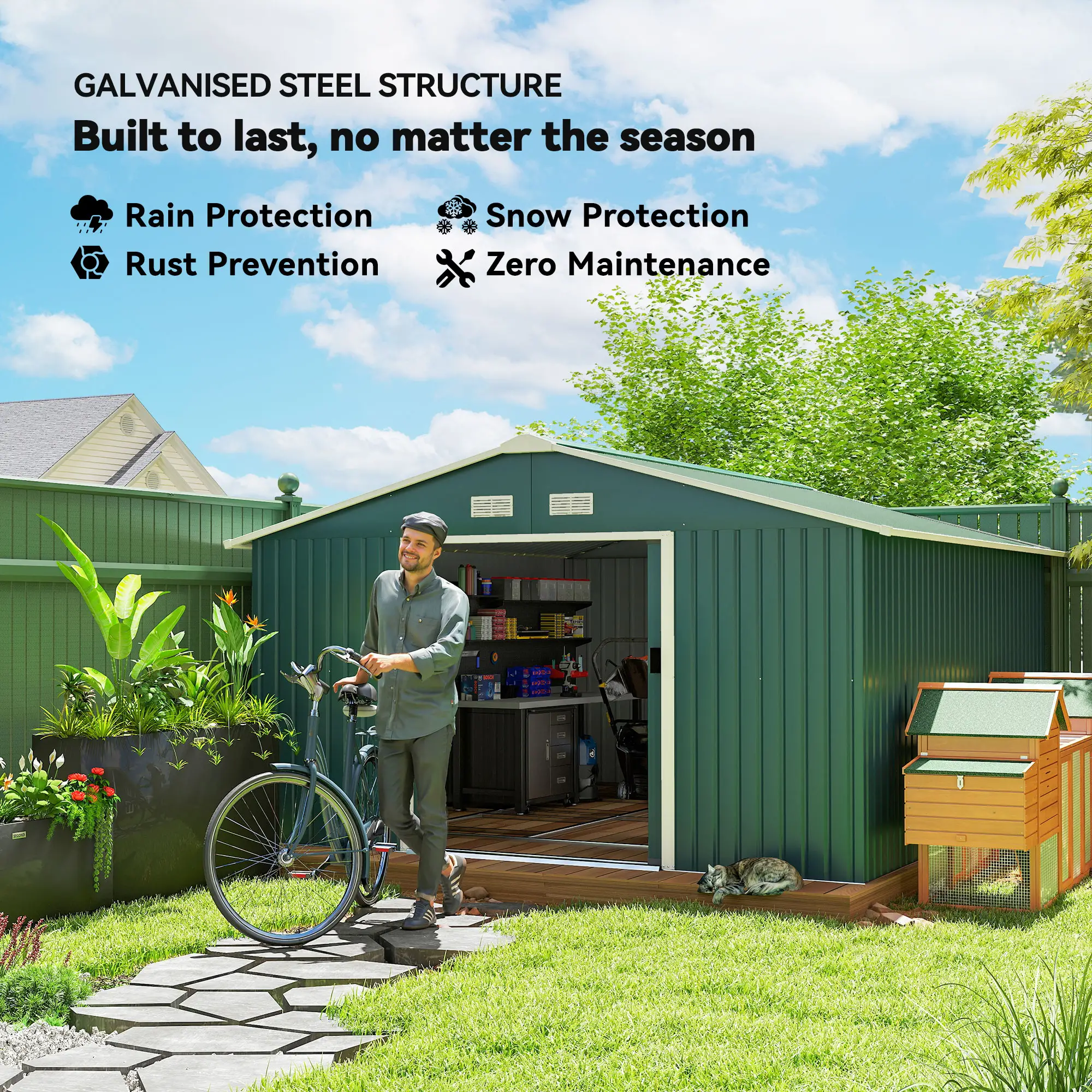 11' x 13' Garden Storage Shed Metal Tool Storage House, with Double Sliding Doors, Foundation Kits Included, Green