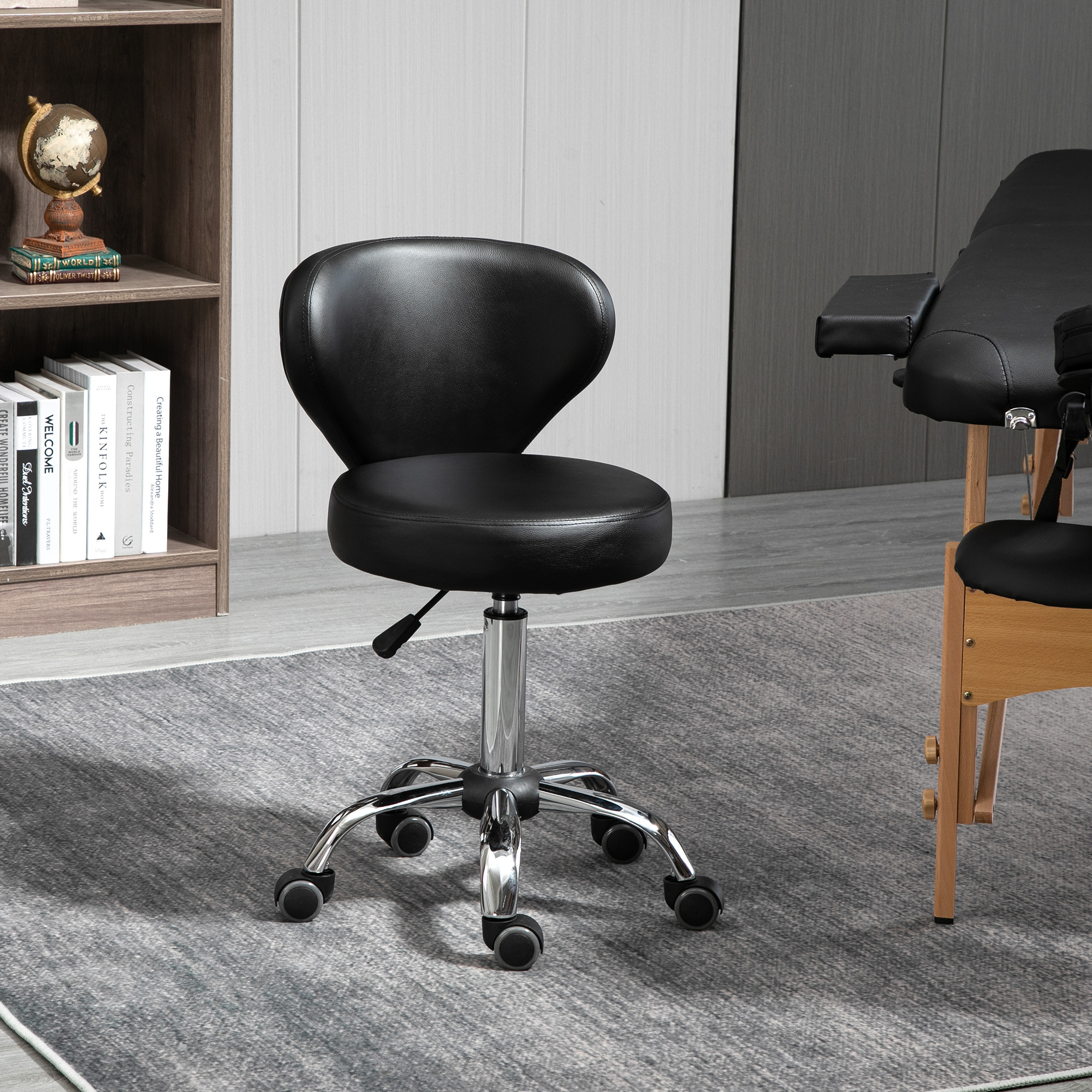 Adjustable Swivel Salon Stool with Backrest and Wheels, Office & Living Room Chair, Synthetic Leather, Black