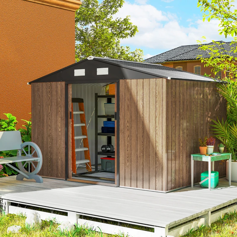 9.1 x 6.4 x 6.3 ft Garden Metal Storage Shed with Floor Foundation, Durable Outdoor Tool Storage House with Double Doors, Weather-Resistant, 