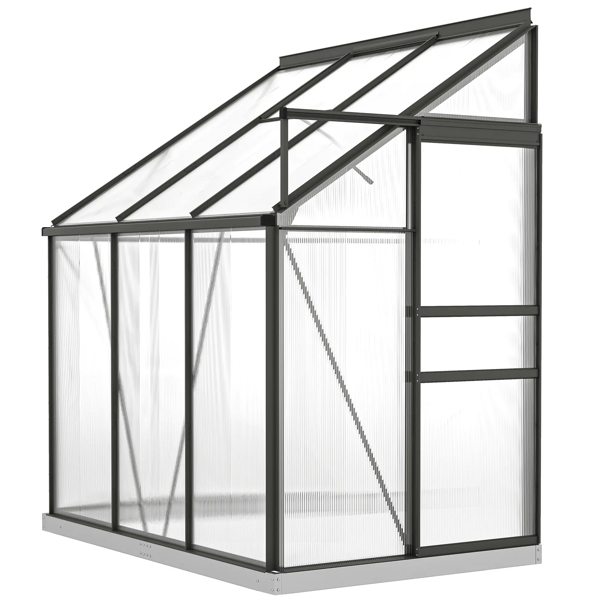 Aluminum Lean-to Greenhouse Polycarbonate Walk-in Greenhouse with Rain Gutter and Sliding Door, 6' x 4', Dark Grey