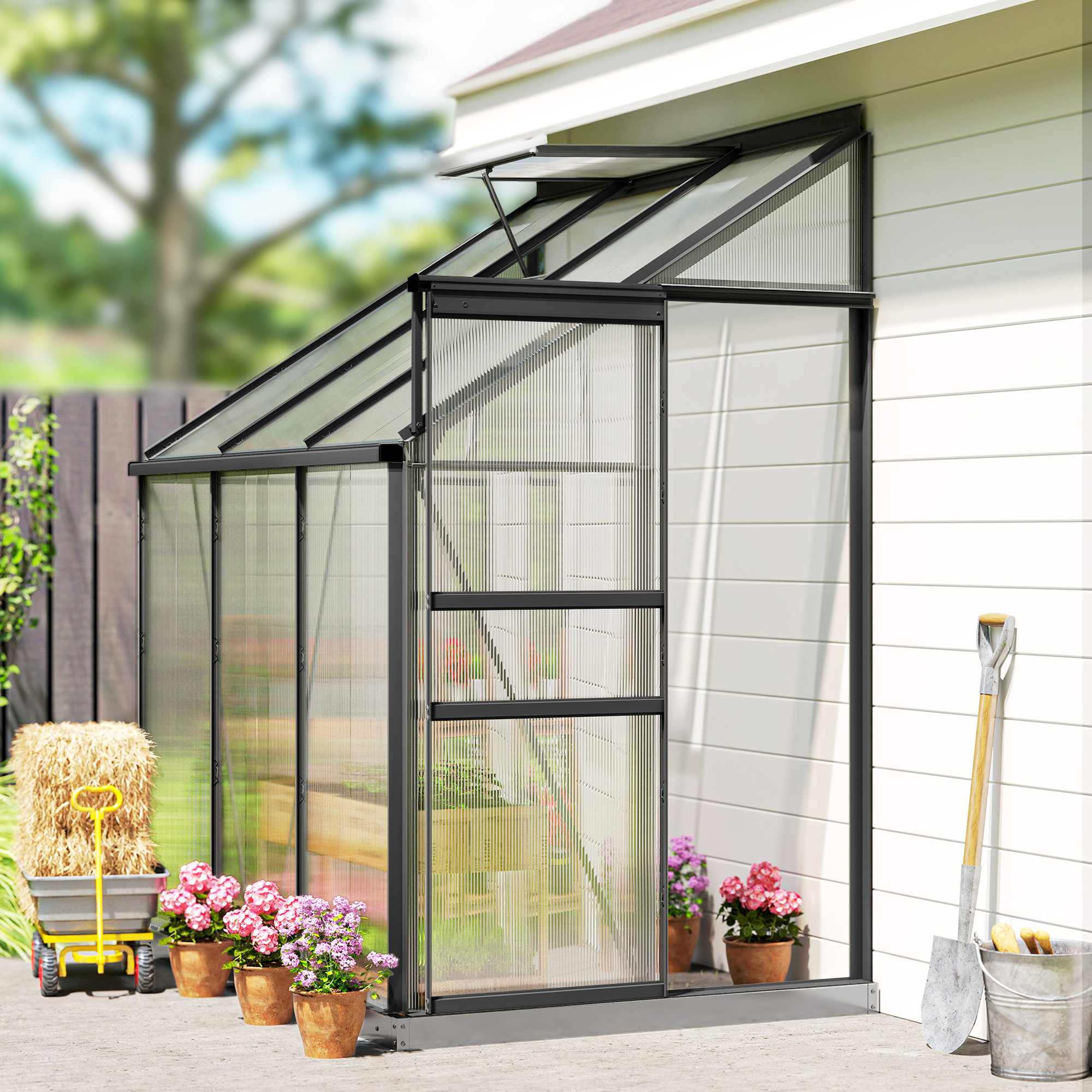 Aluminum Lean-to Greenhouse Polycarbonate Walk-in Greenhouse with Rain Gutter and Sliding Door, 6' x 4', Dark Grey