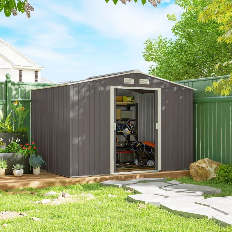 9.1 x 6.4 x 6.3 ft Garden Metal Storage Shed with Floor Foundation, Durable Outdoor Tool Storage House with Double Doors, Weather-Resistant, 