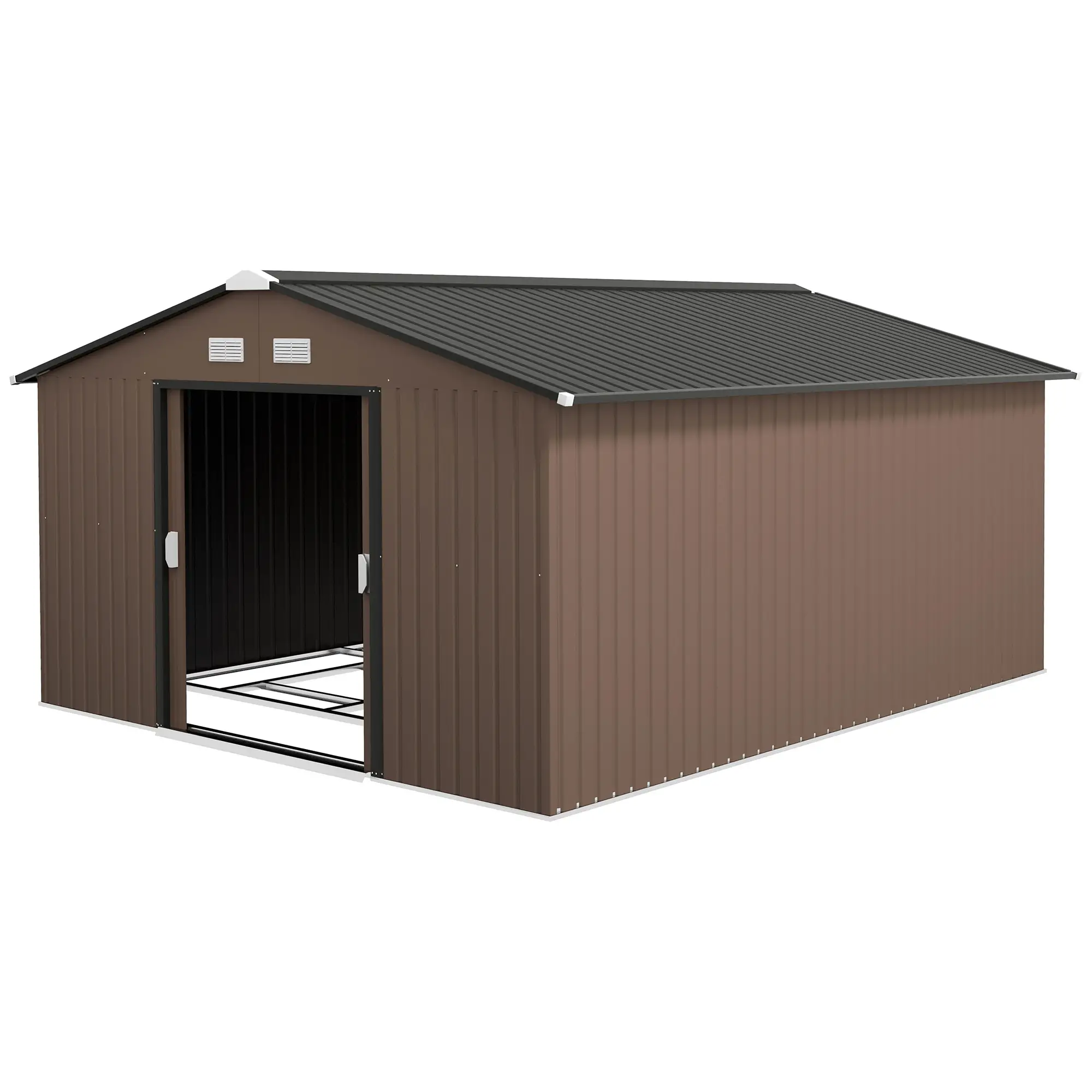 11' x 13' Garden Storage Shed Metal Tool Storage House, with Double Sliding Doors, Foundation Kits Included, Brown