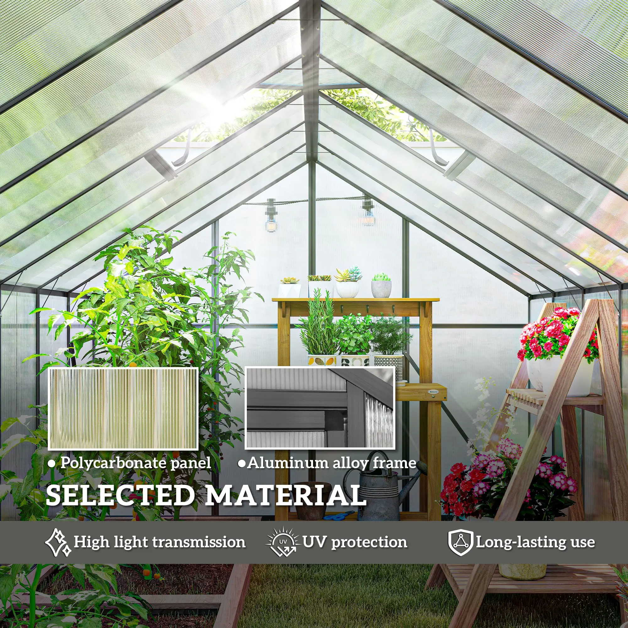 Polycarbonate Greenhouse, Walk-in Green House with Two Top Windows, Rain Gutter and Swing Door, 8' x 16' x 7', Dark Grey