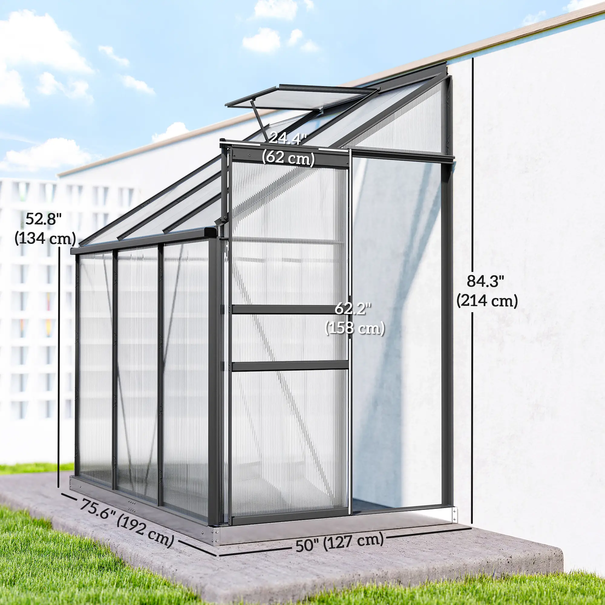 Aluminum Lean-to Greenhouse Polycarbonate Walk-in Greenhouse with Rain Gutter and Sliding Door, 6' x 4', Dark Grey