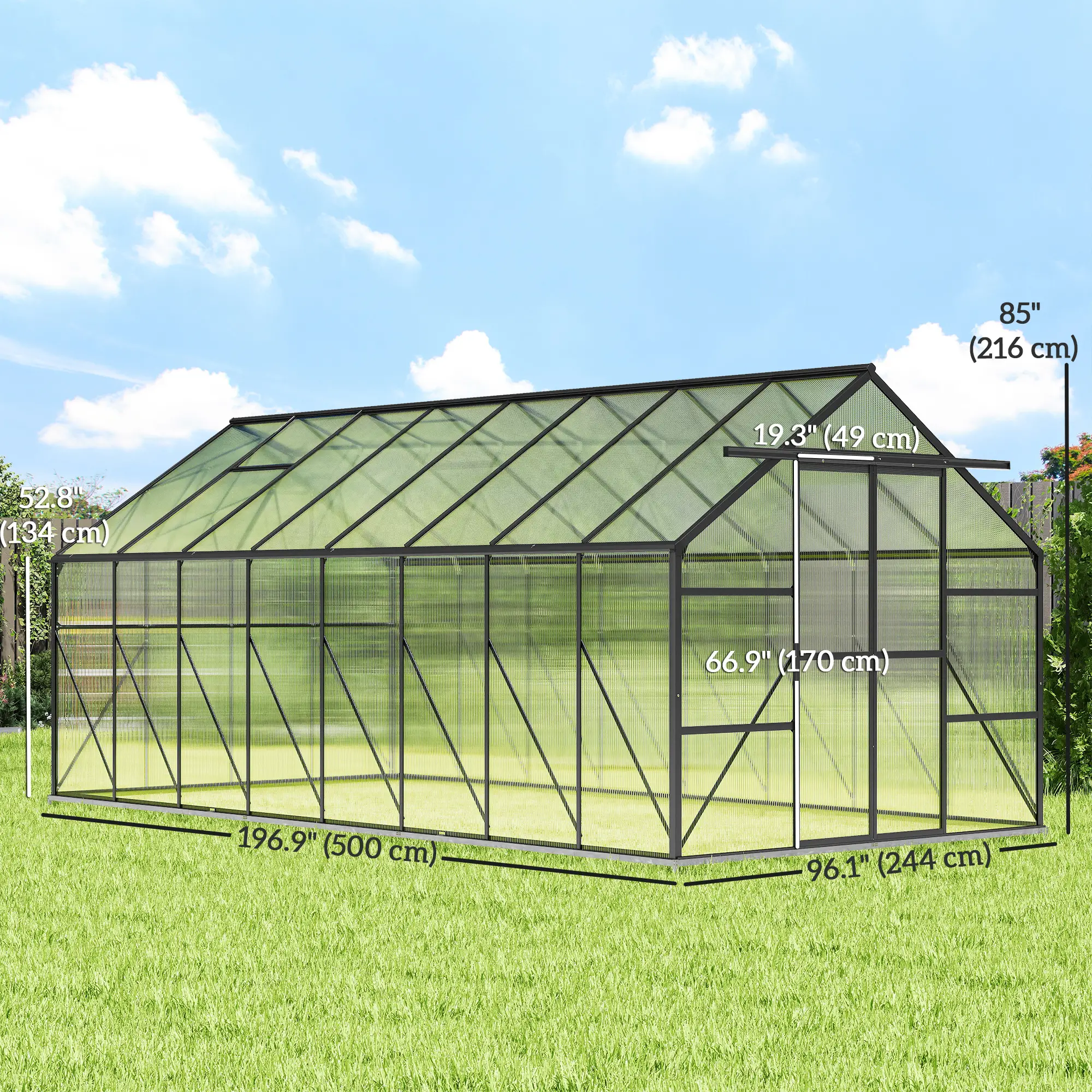 Aluminum Greenhouse Polycarbonate Walk-in Garden Greenhouse Kit with Rain Gutter and Sliding Door, 16' x 8', Dark Grey