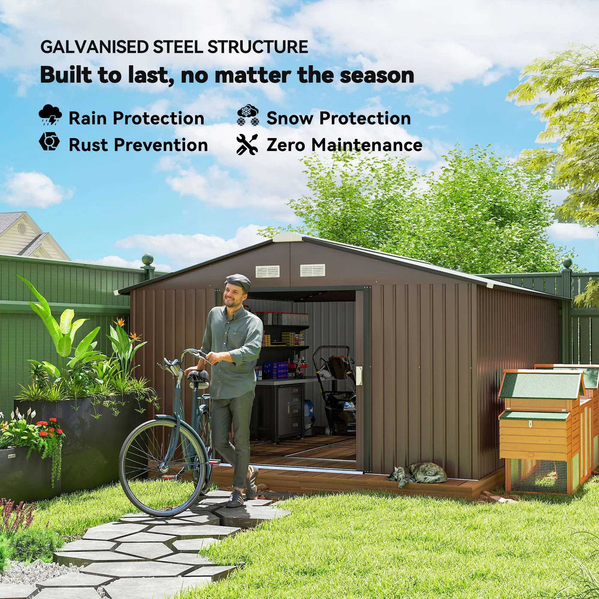 11' x 13' Garden Storage Shed Metal Tool Storage House, with Double Sliding Doors, Foundation Kits Included, Brown