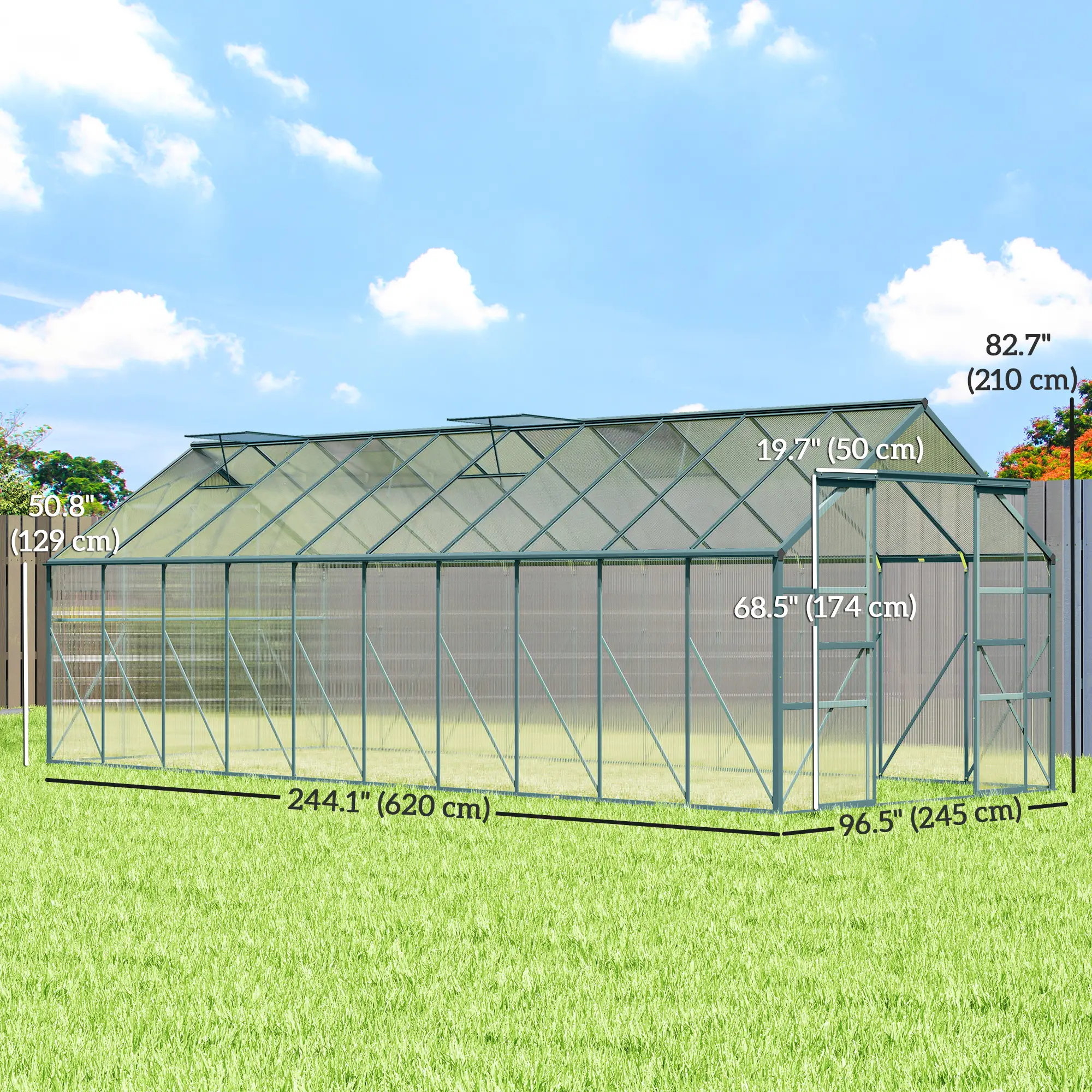 Aluminum Greenhouse Polycarbonate Walk-in Garden Greenhouse with Sliding Door, 20' x 8', Green