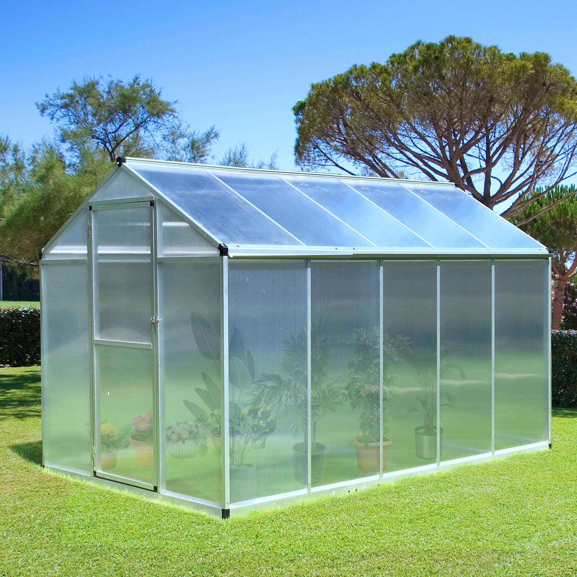 6' x 10' x 6.4' Walk-in Garden Greenhouse Polycarbonate Panels Plants Flower Growth Shed Cold Frame Outdoor Portable Warm House Aluminum Frame, Silver