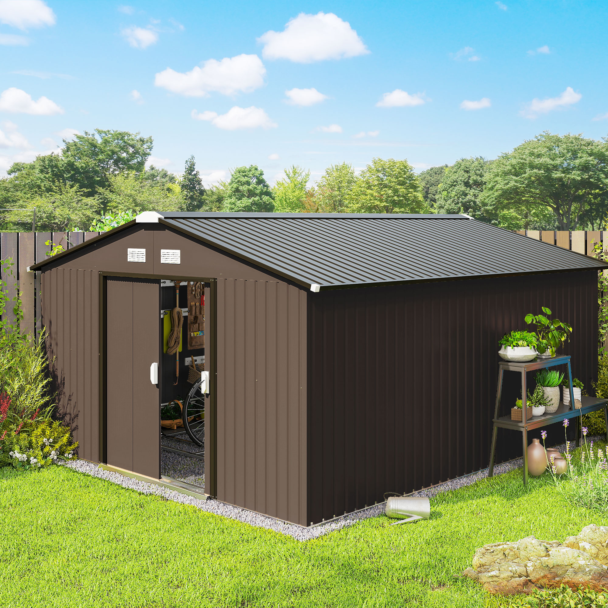 11' x 13' Garden Storage Shed Metal Tool Storage House, with Double Sliding Doors, Foundation Kits Included, Brown