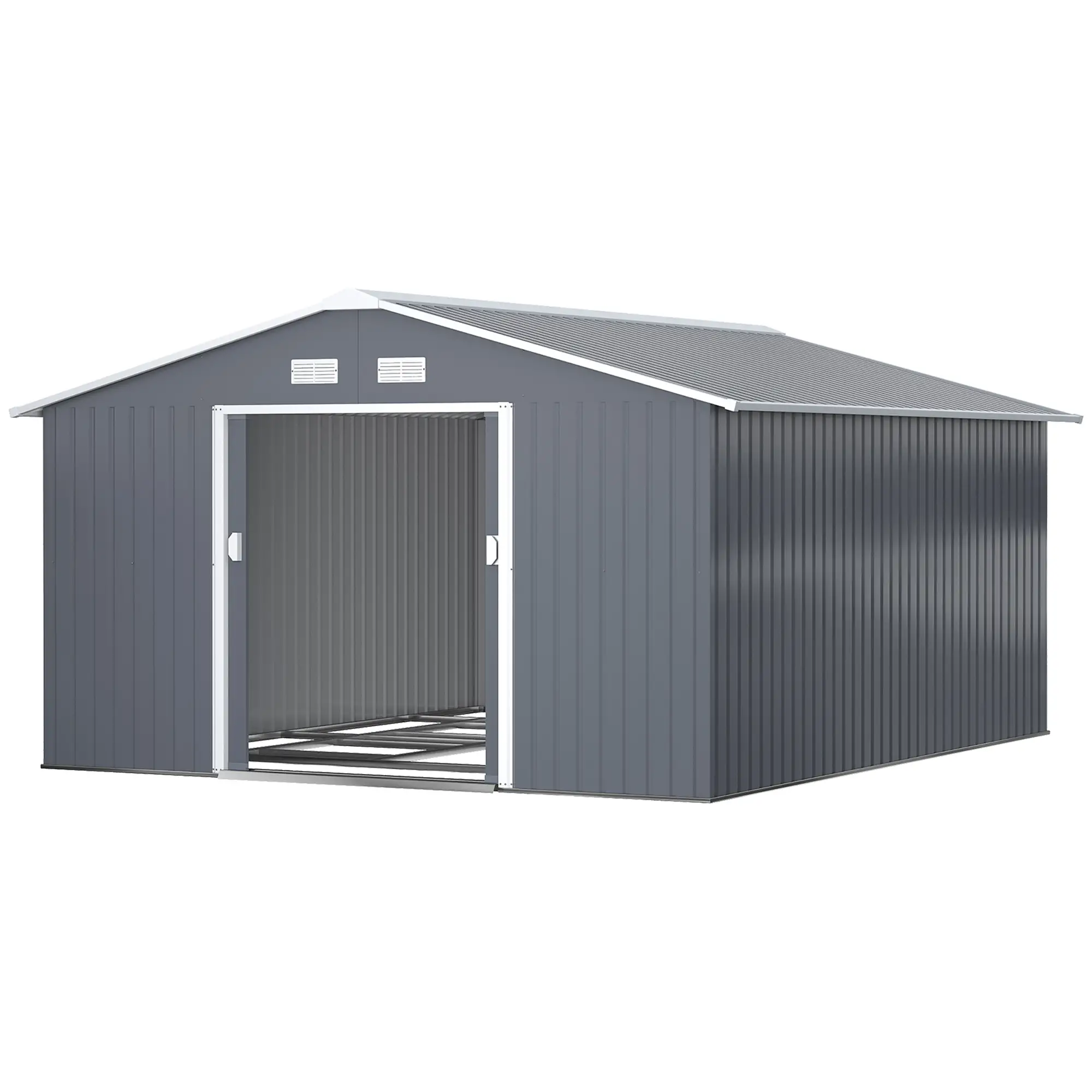 11.2ft x 12.5ft Practical Backyard Garden Storage Tool Shed 4 Ventilation Slots Double Sliding Door, Grey