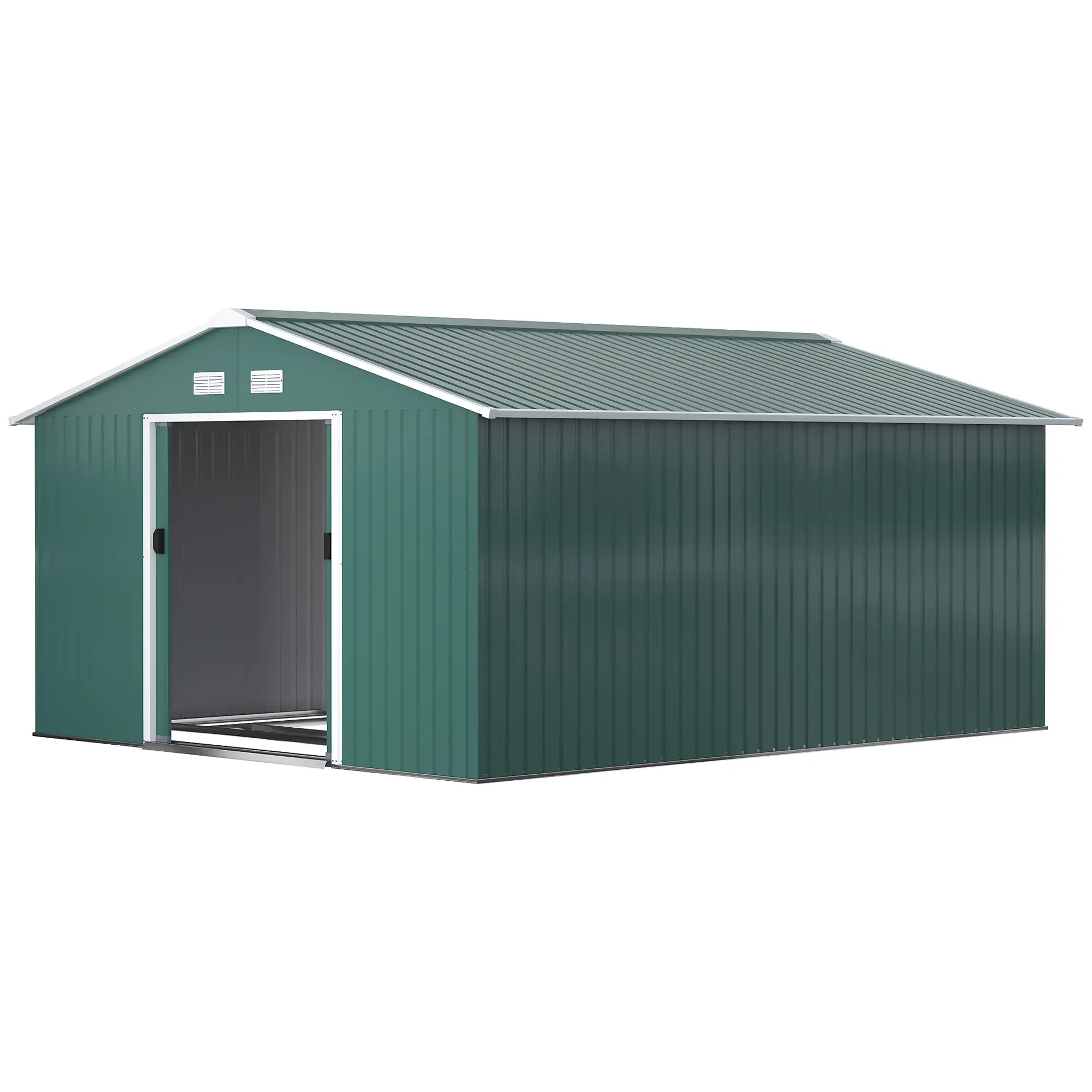 11' x 13' Garden Storage Shed Metal Tool Storage House, with Double Sliding Doors, Foundation Kits Included, Green