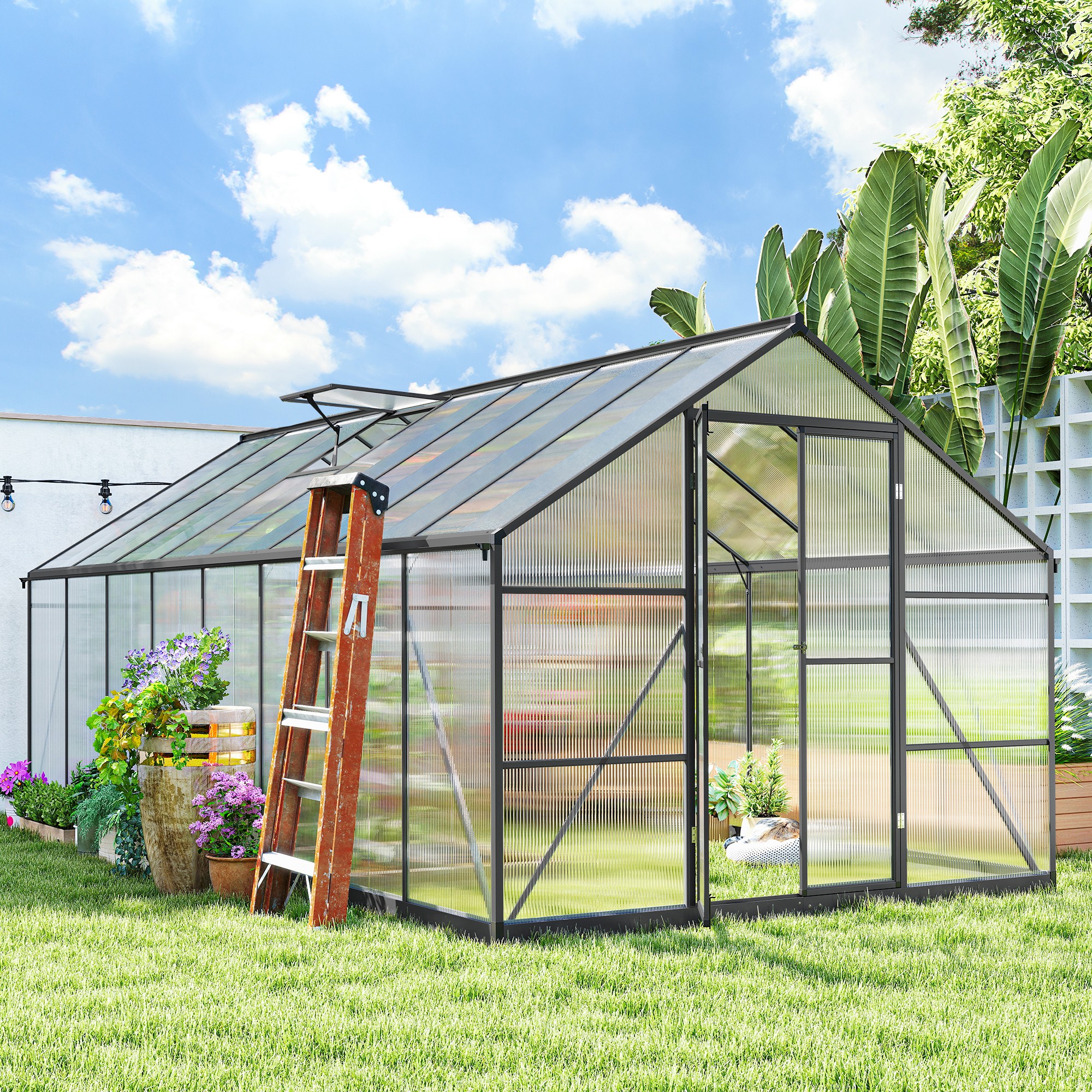 Polycarbonate Greenhouse, Walk-in Green House with Two Top Windows, Rain Gutter and Swing Door, 8' x 16' x 7', Dark Grey