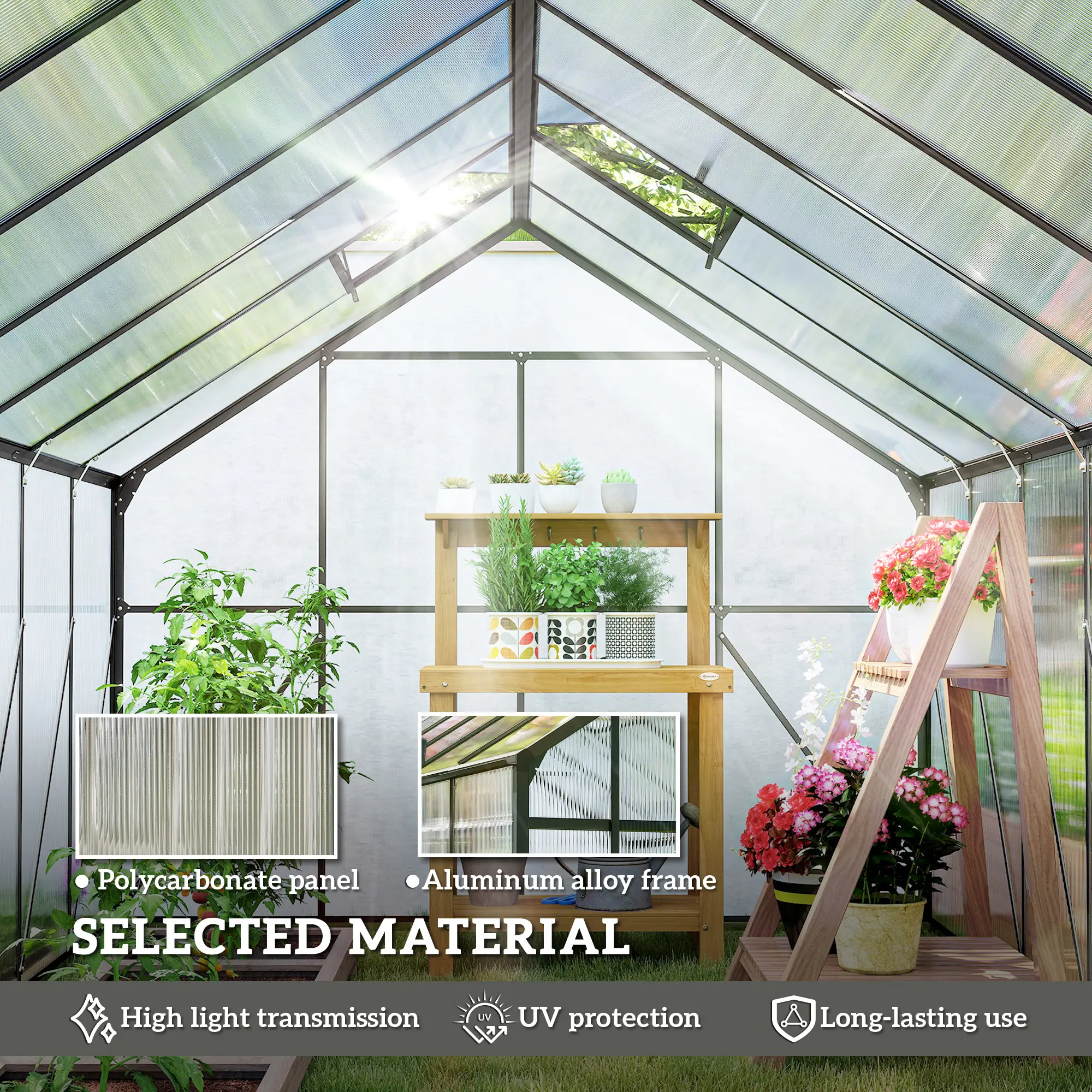 Aluminum Greenhouse Polycarbonate Walk-in Garden Greenhouse Kit with Rain Gutter and Sliding Door, 16' x 8', Dark Grey