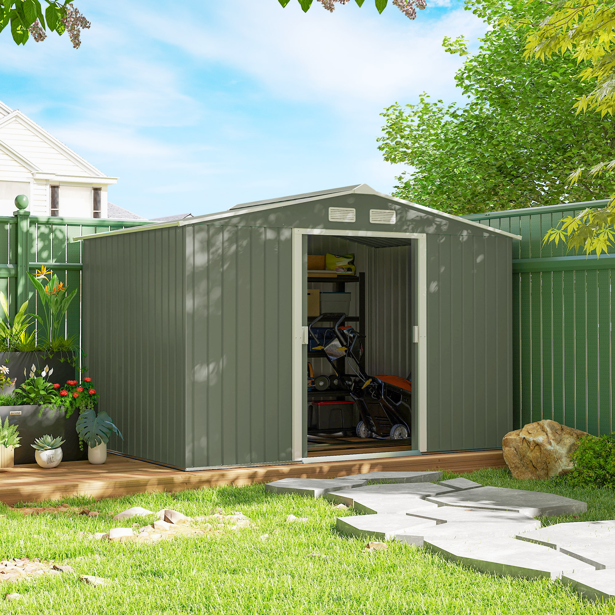 9.1 x 6.4 x 6.3 ft Garden Metal Storage Shed with Floor Foundation, Durable Outdoor Tool Storage House with Double Doors, Weather-Resistant, 